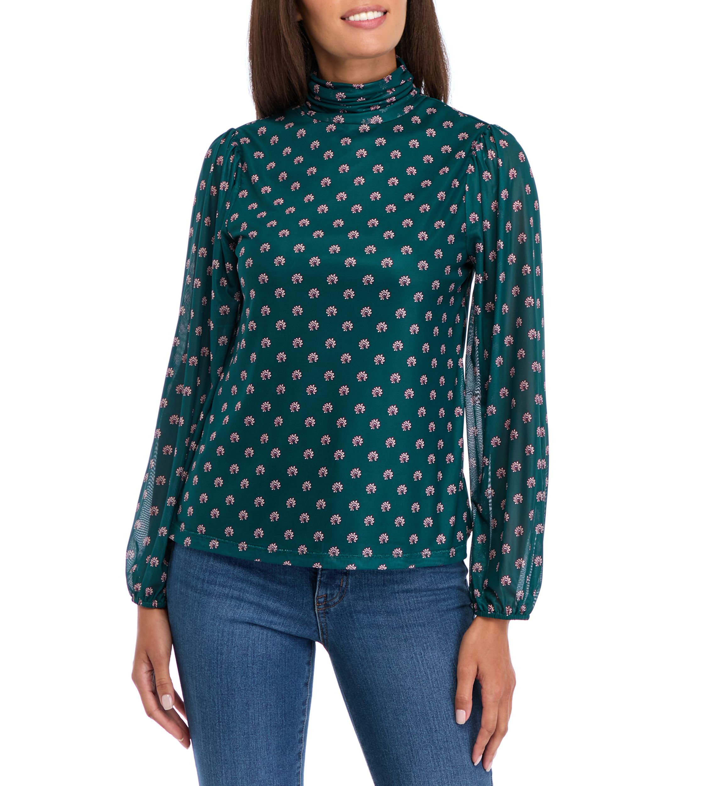 Womens Blouson Sleeve Printed Mock Neck Top 