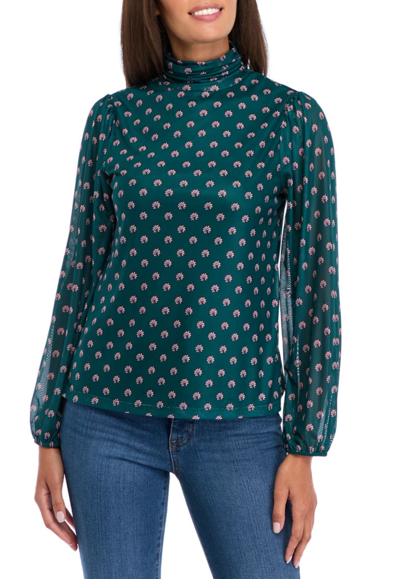 Womens Blouson Sleeve Printed Mock Neck Top 