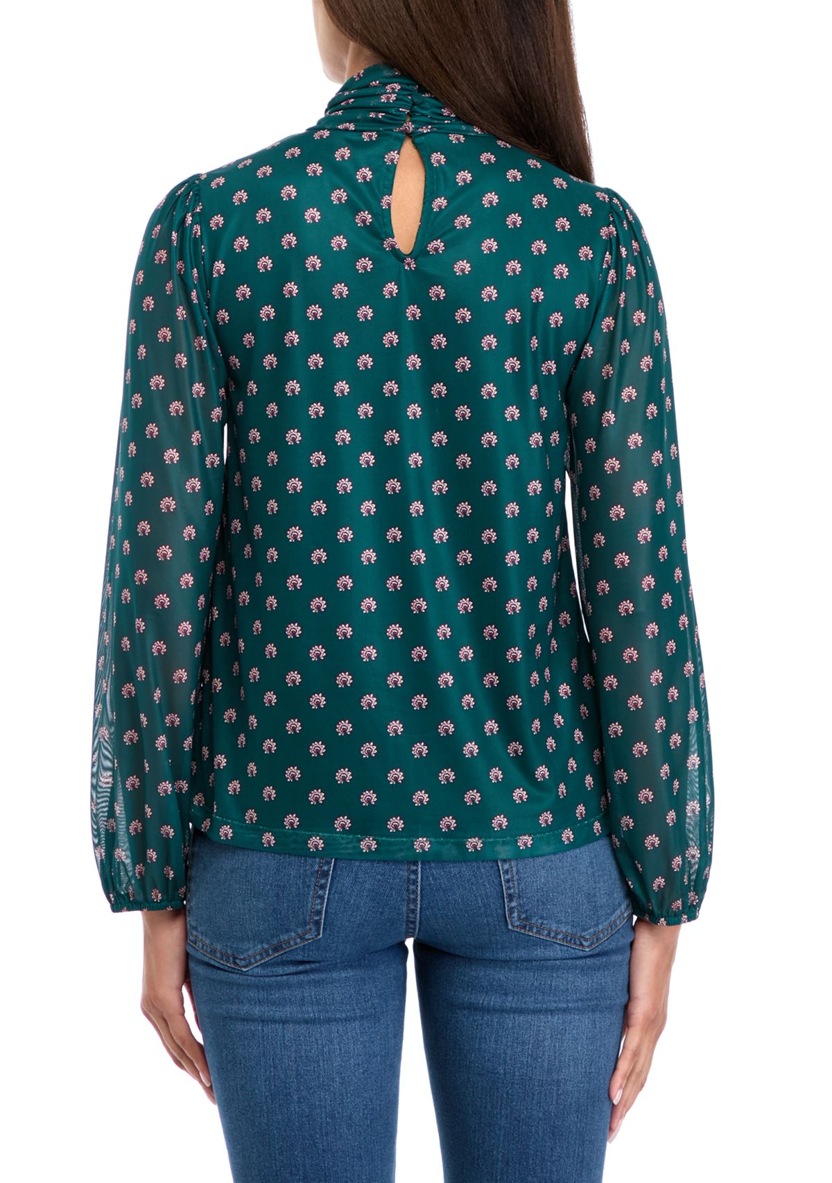 Womens Blouson Sleeve Printed Mock Neck Top 