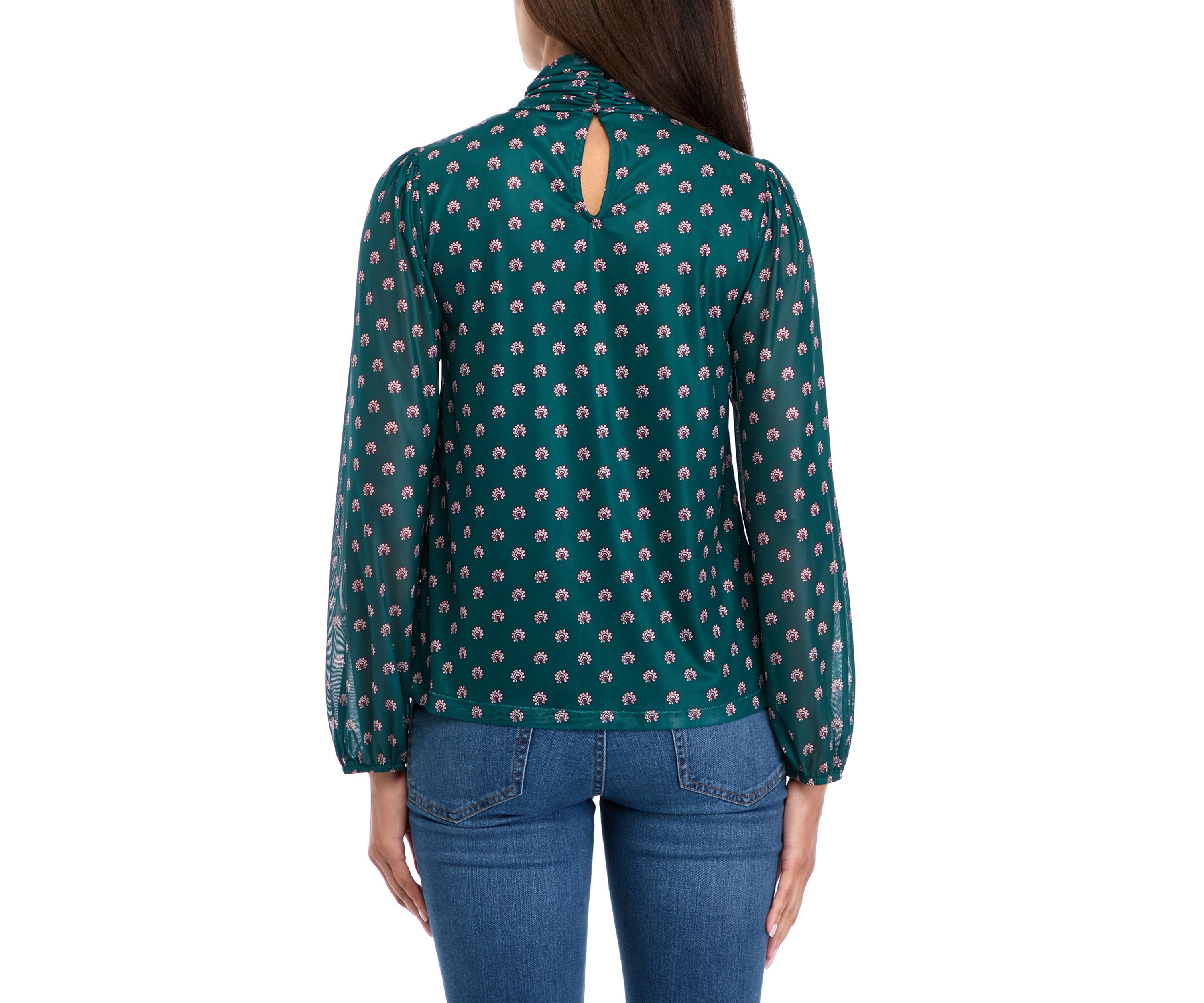 Womens Blouson Sleeve Printed Mock Neck Top 