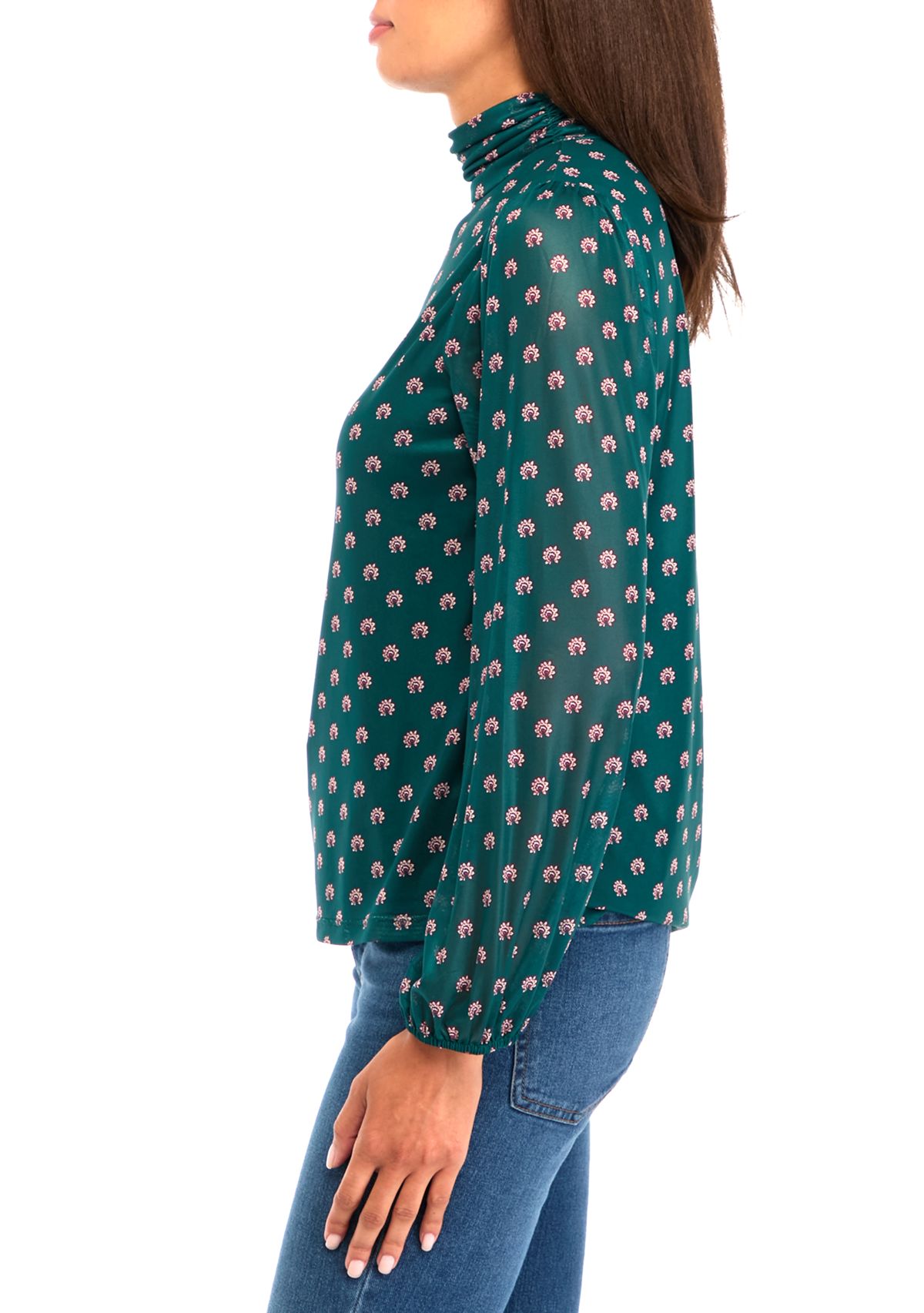 Womens Blouson Sleeve Printed Mock Neck Top 