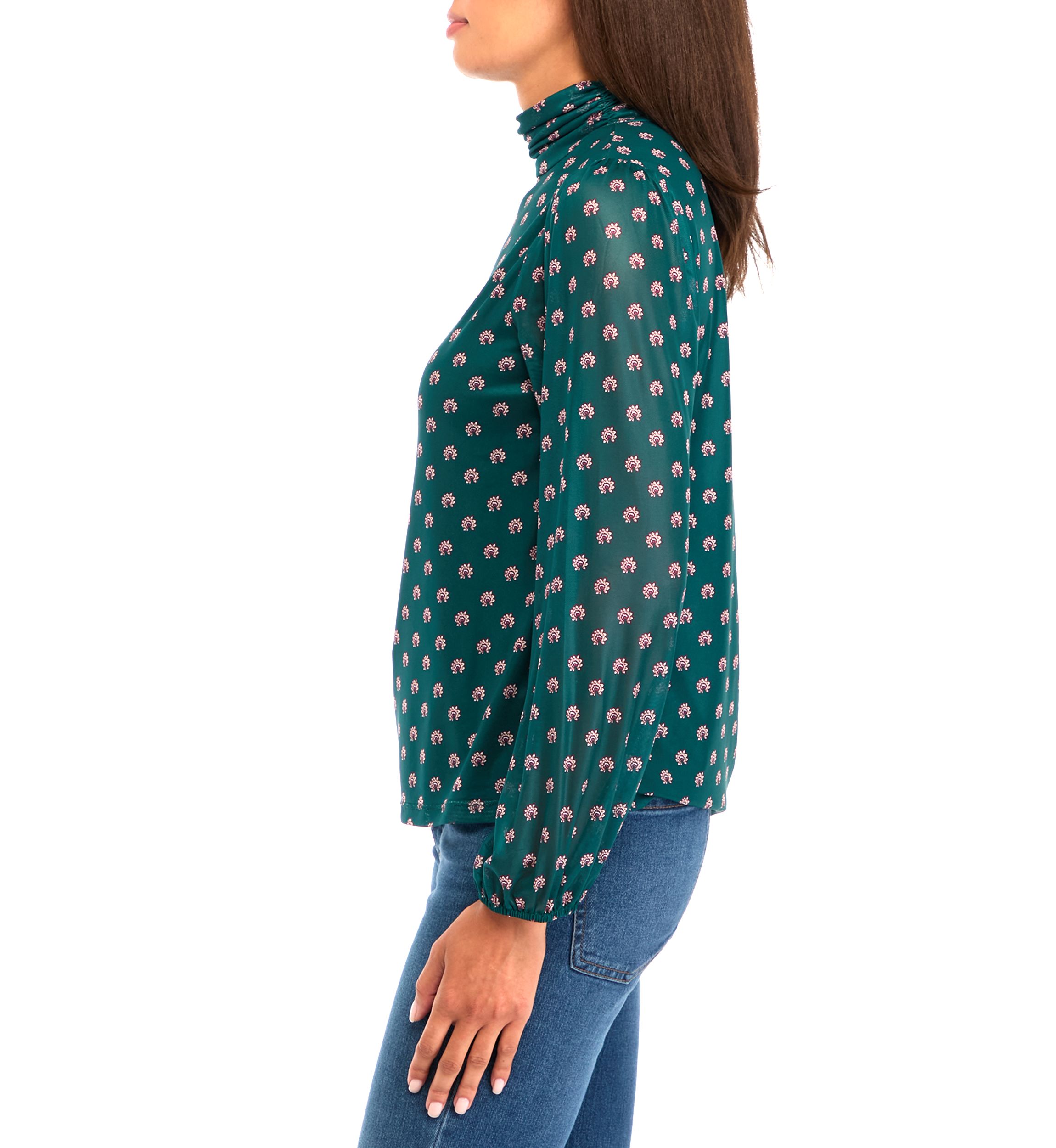 Womens Blouson Sleeve Printed Mock Neck Top 