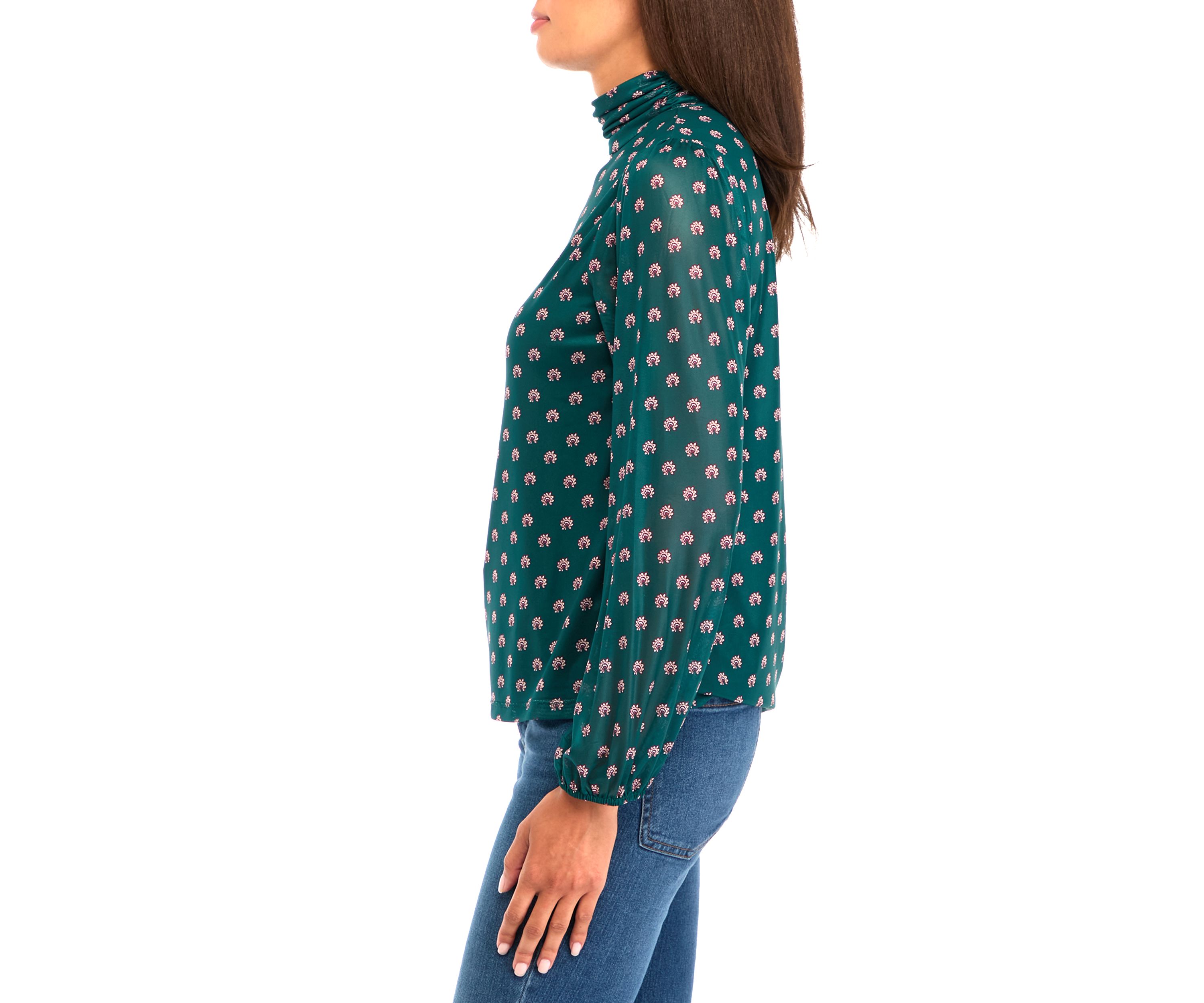 Womens Blouson Sleeve Printed Mock Neck Top 
