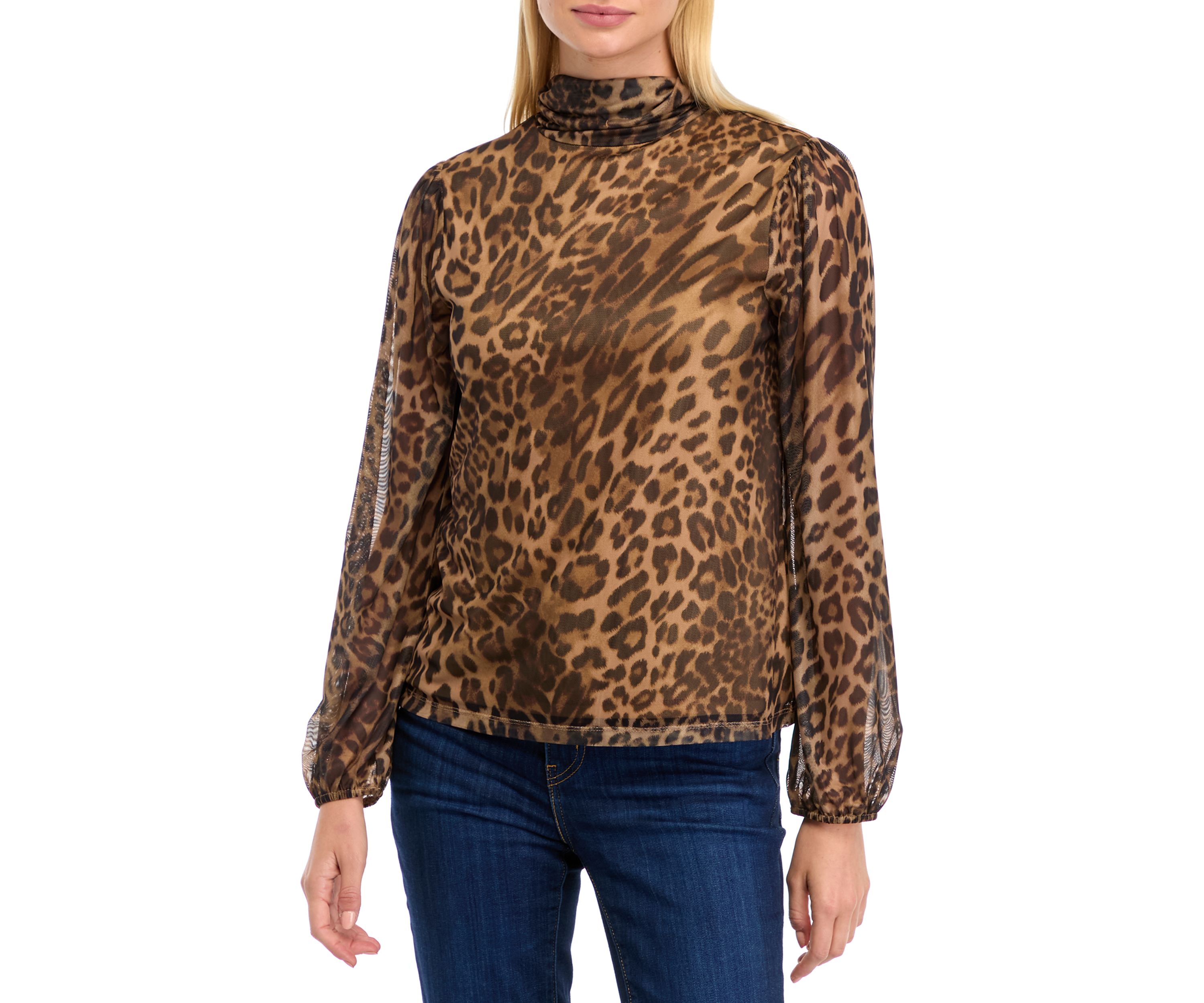 Petite Blouson Sleeve Mesh Mock Neck Printed Blouse