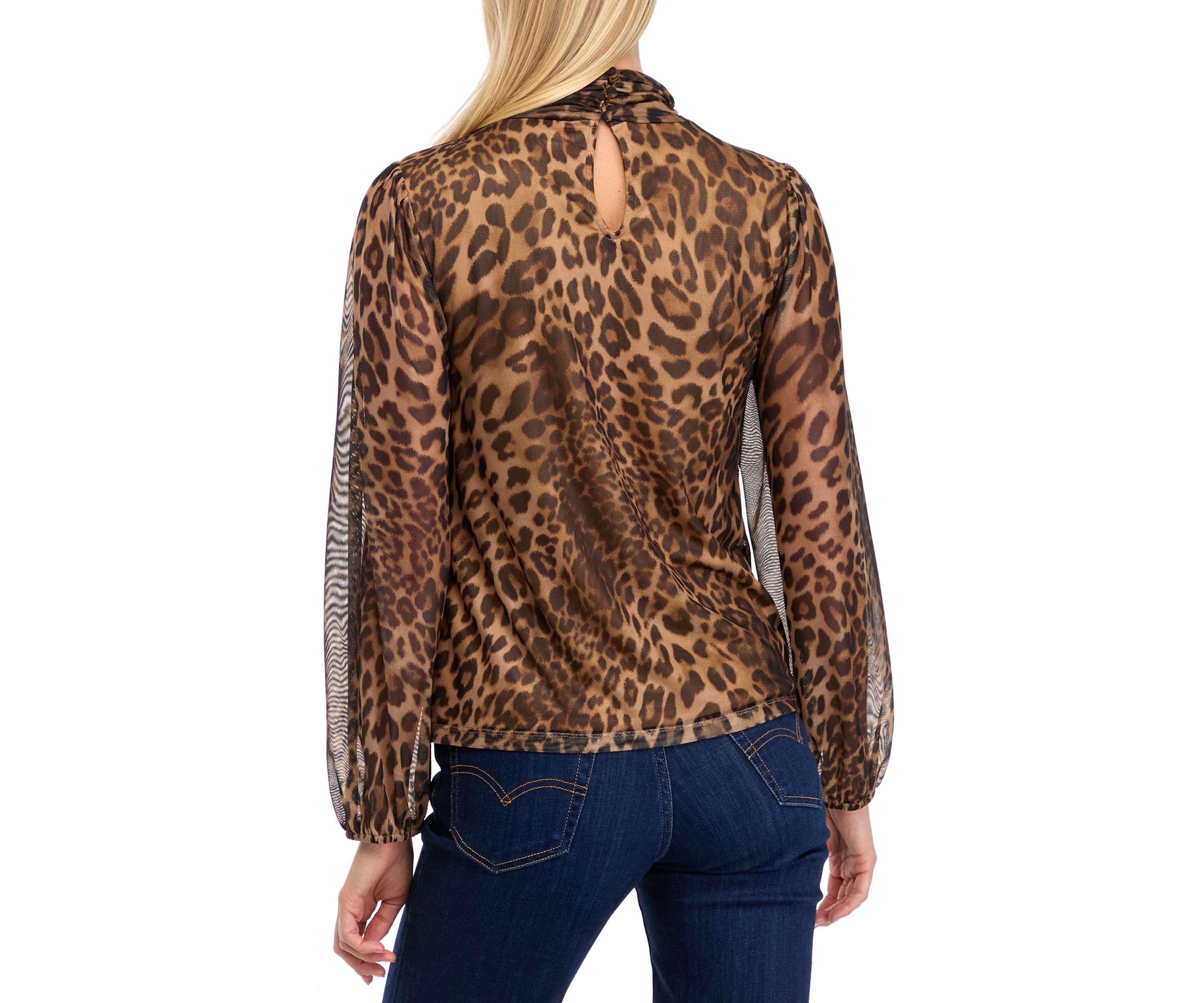 Petite Blouson Sleeve Mesh Mock Neck Printed Blouse