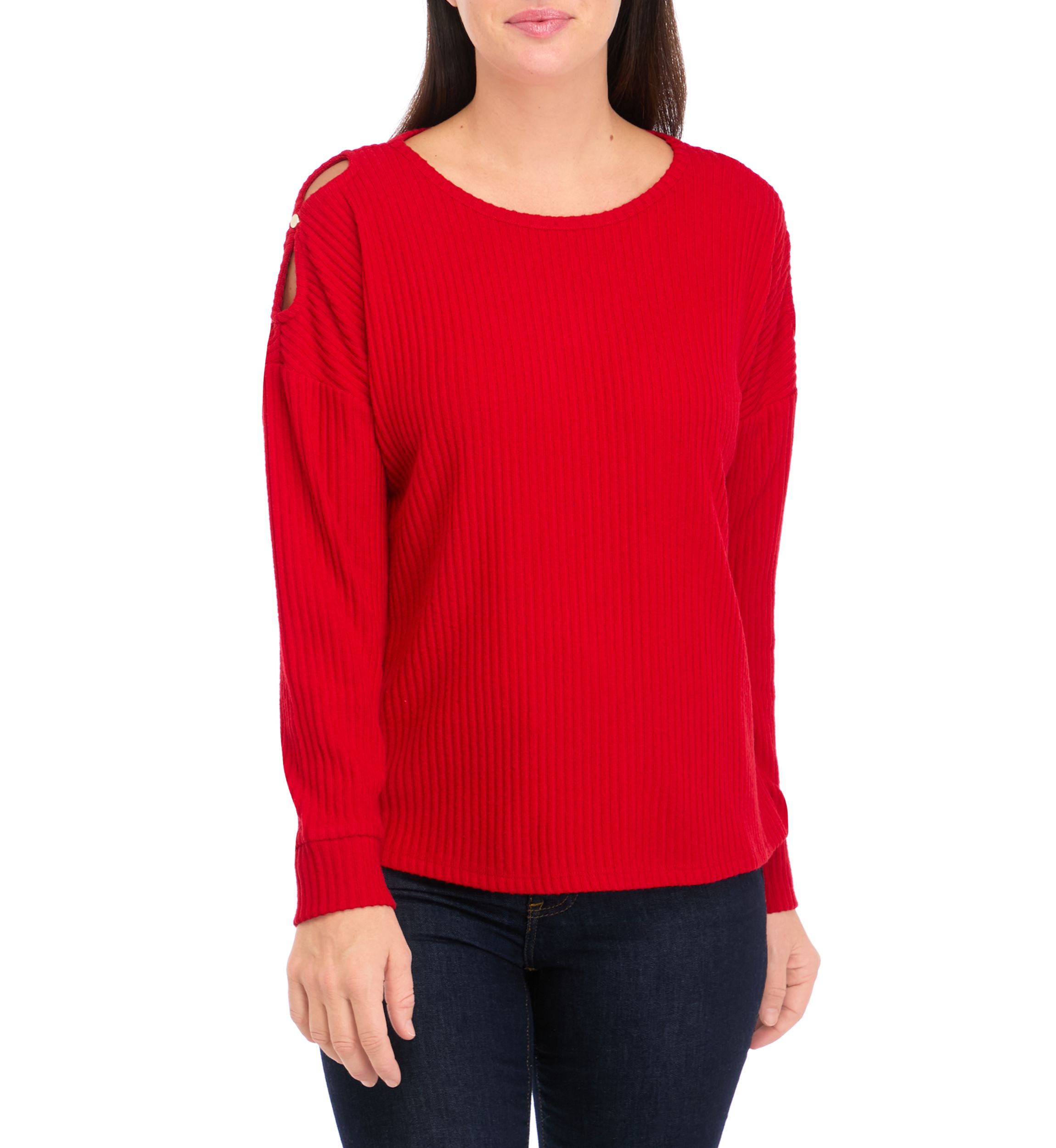 Womens Ribbed Knit Open Shoulder Top