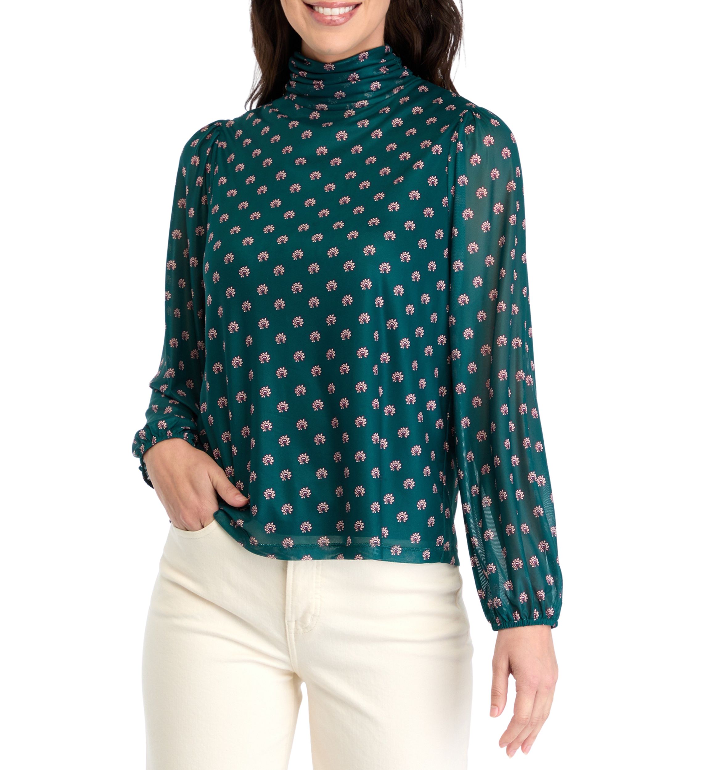 Womens Mesh Blouson Sleeve Printed Mock Neck Top 