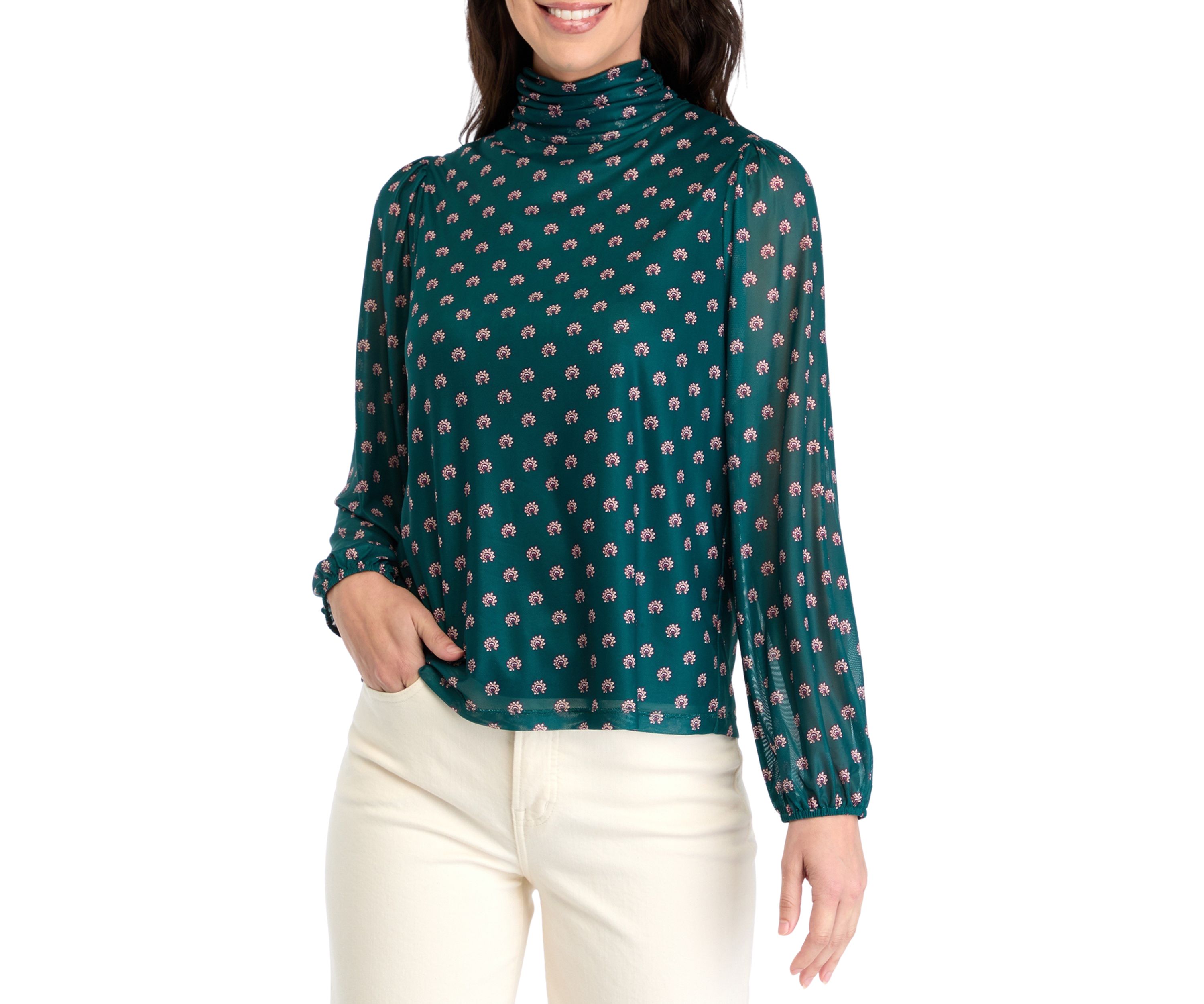 Womens Mesh Blouson Sleeve Printed Mock Neck Top 