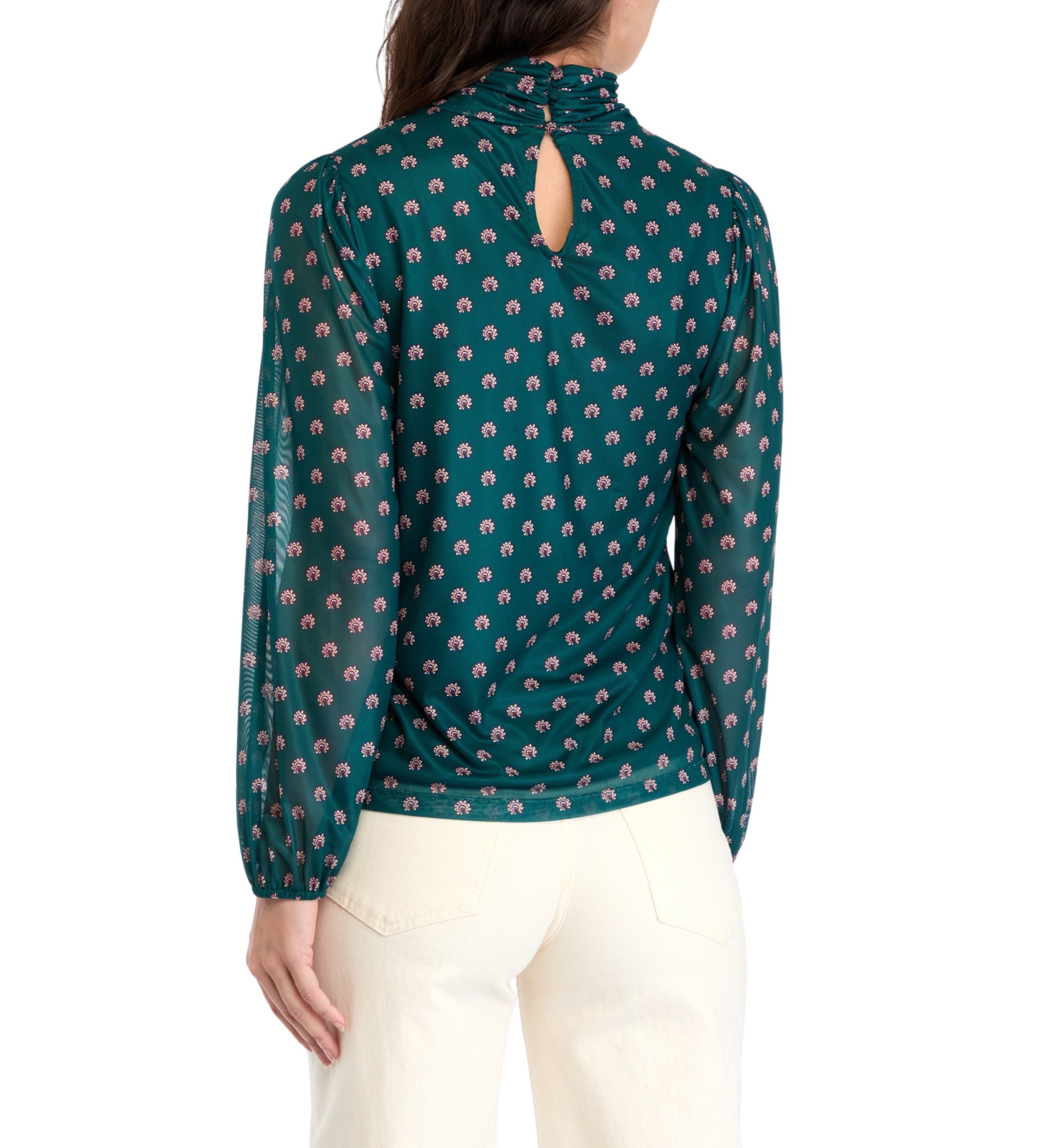 Womens Mesh Blouson Sleeve Printed Mock Neck Top 
