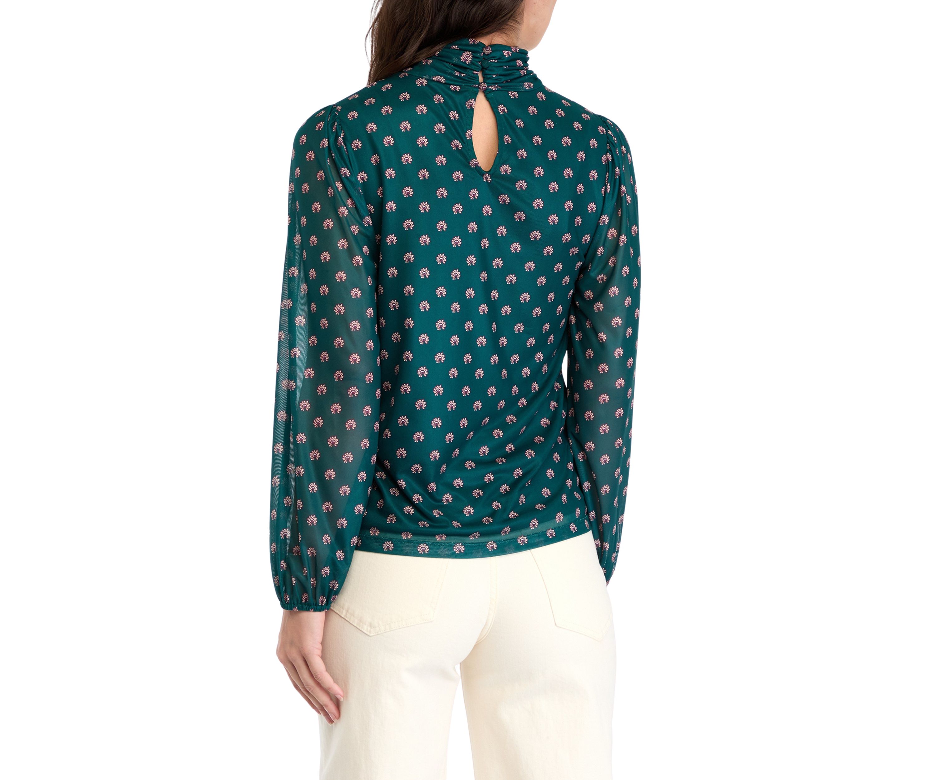 Womens Mesh Blouson Sleeve Printed Mock Neck Top 