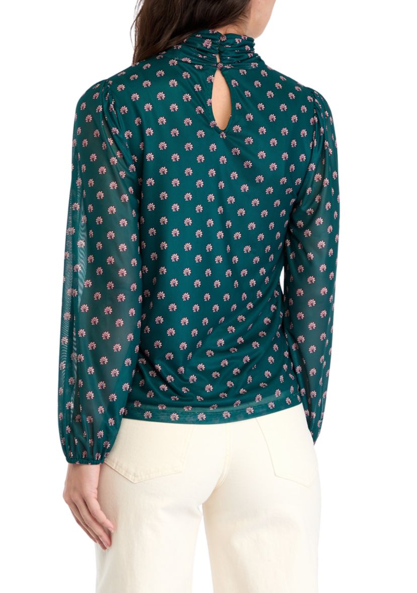Womens Mesh Blouson Sleeve Printed Mock Neck Top 