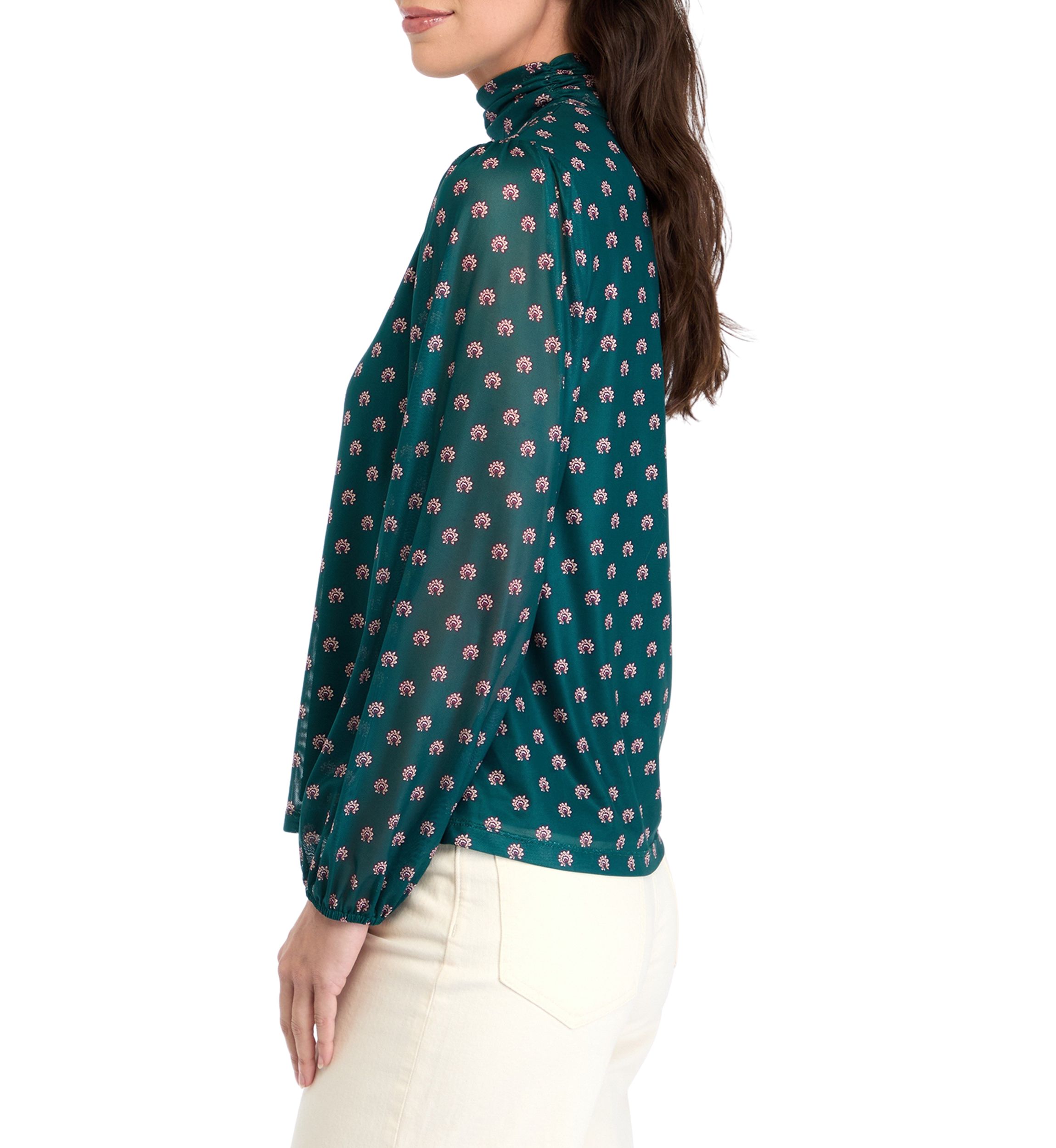 Womens Mesh Blouson Sleeve Printed Mock Neck Top 