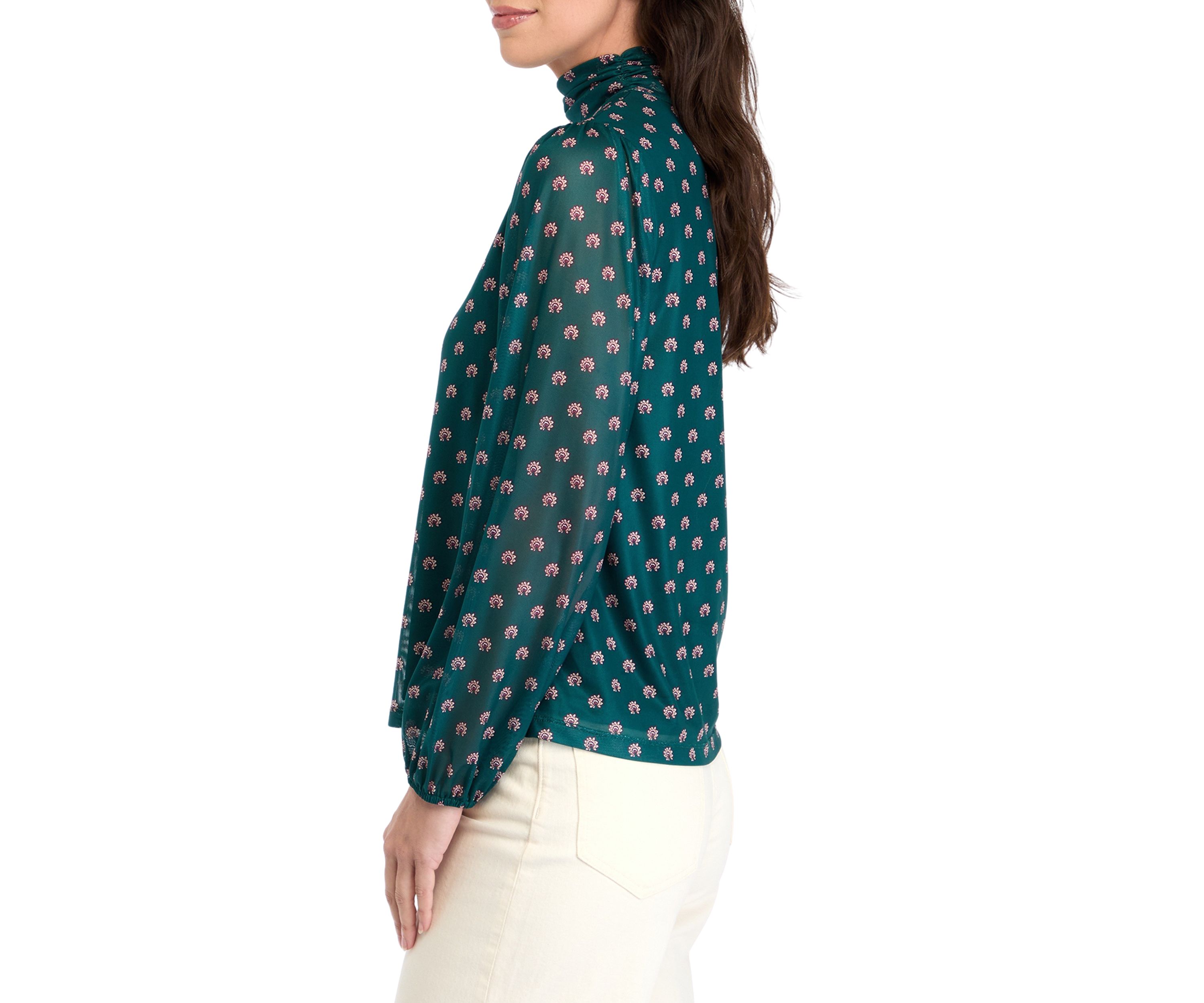 Womens Mesh Blouson Sleeve Printed Mock Neck Top 