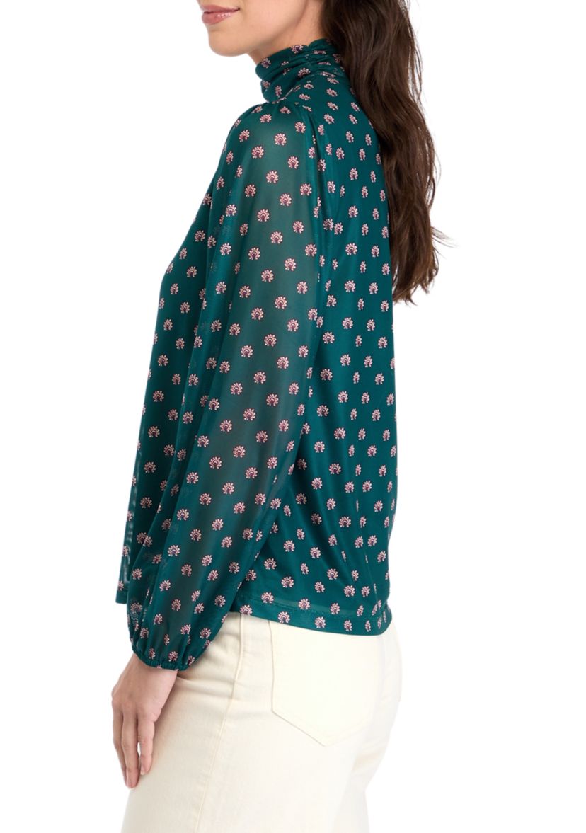 Womens Mesh Blouson Sleeve Printed Mock Neck Top 
