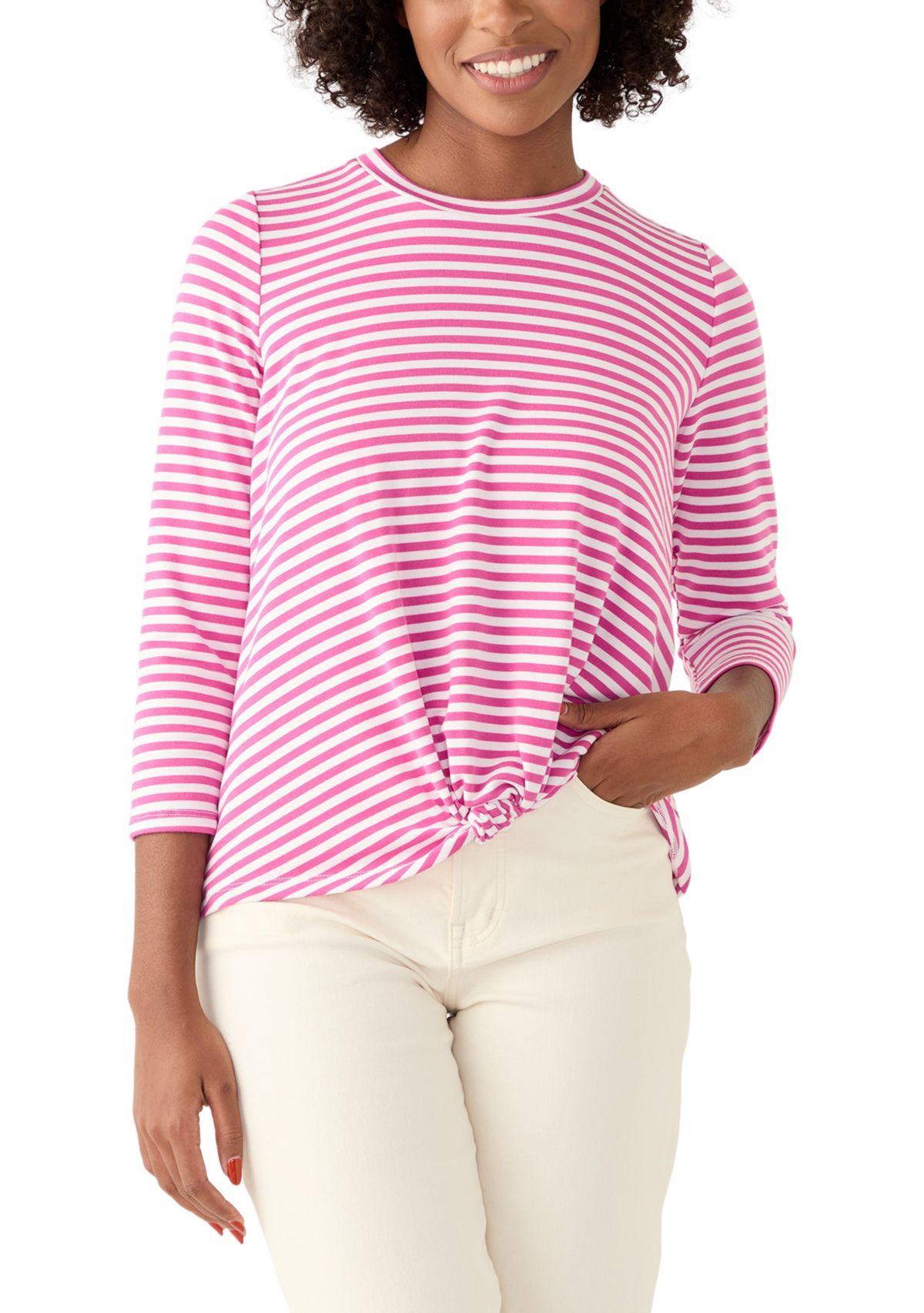 Womens 3/4 Sleeve Knot Front Stripe T-Shirt