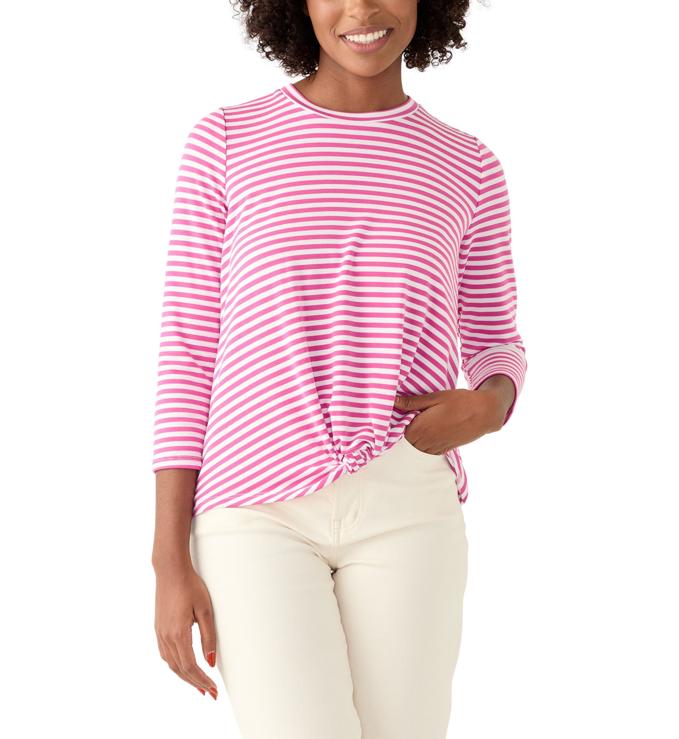 Womens 3/4 Sleeve Knot Front Stripe T-Shirt