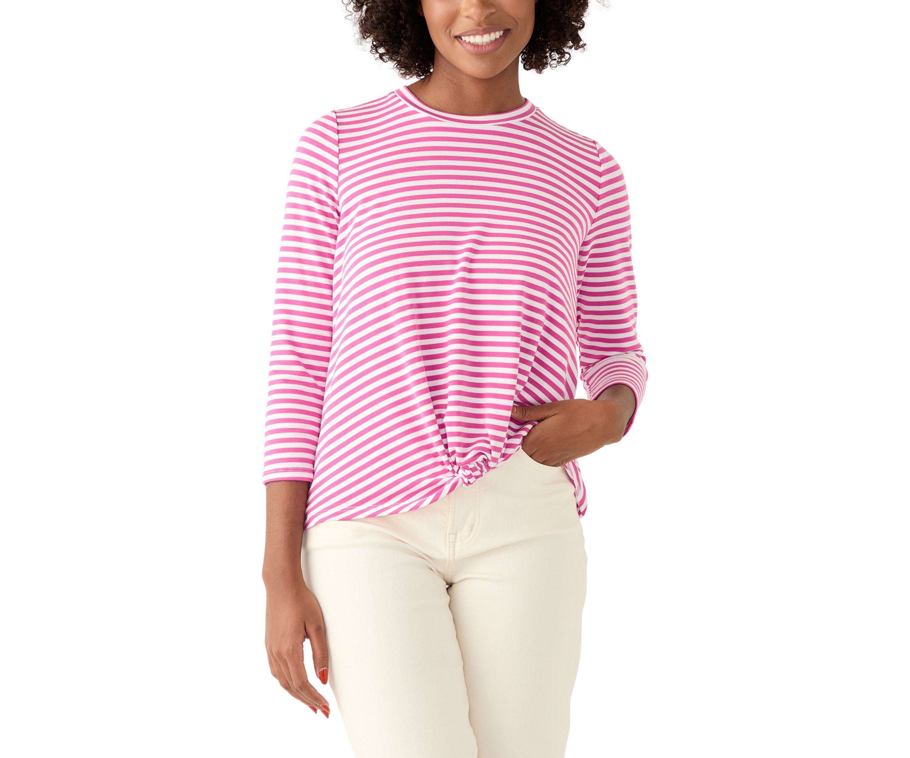 Womens 3/4 Sleeve Knot Front Stripe T-Shirt
