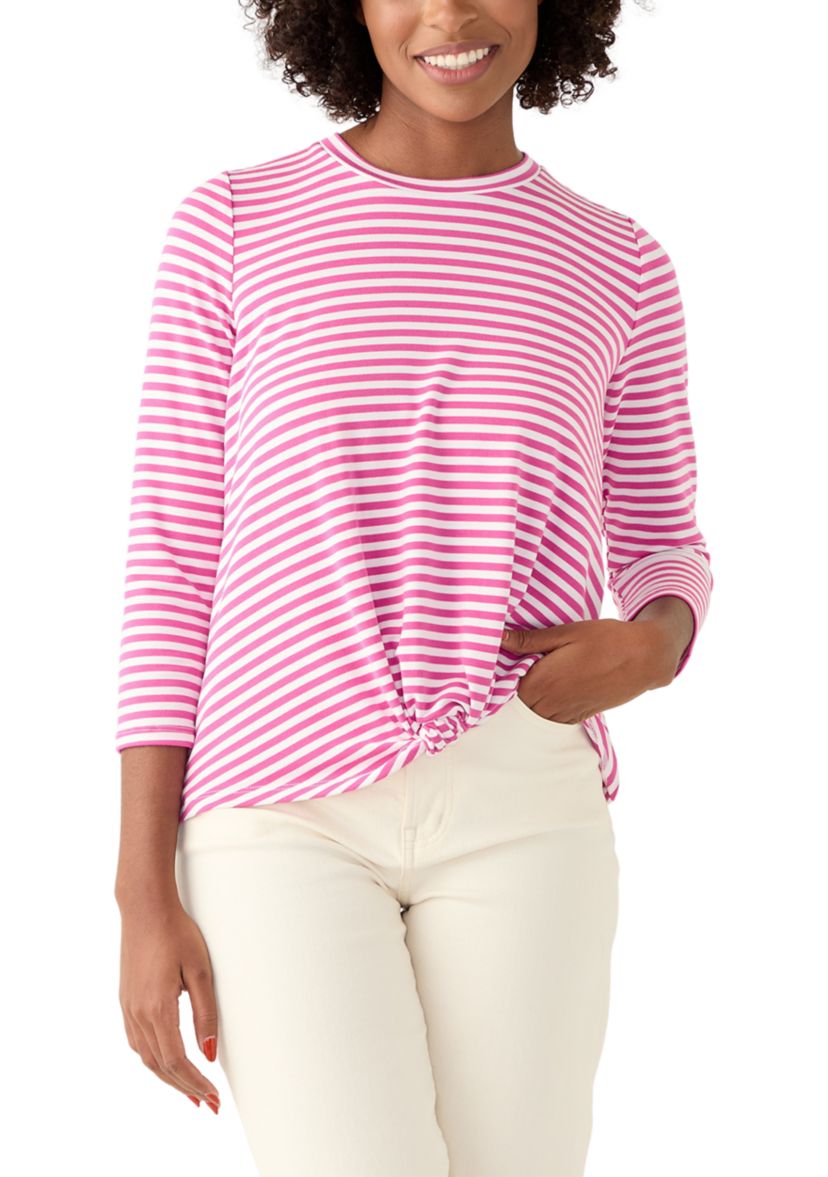 Womens 3/4 Sleeve Knot Front Stripe T-Shirt