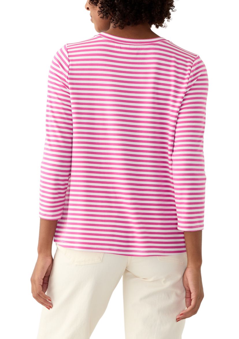 Womens 3/4 Sleeve Knot Front Stripe T-Shirt