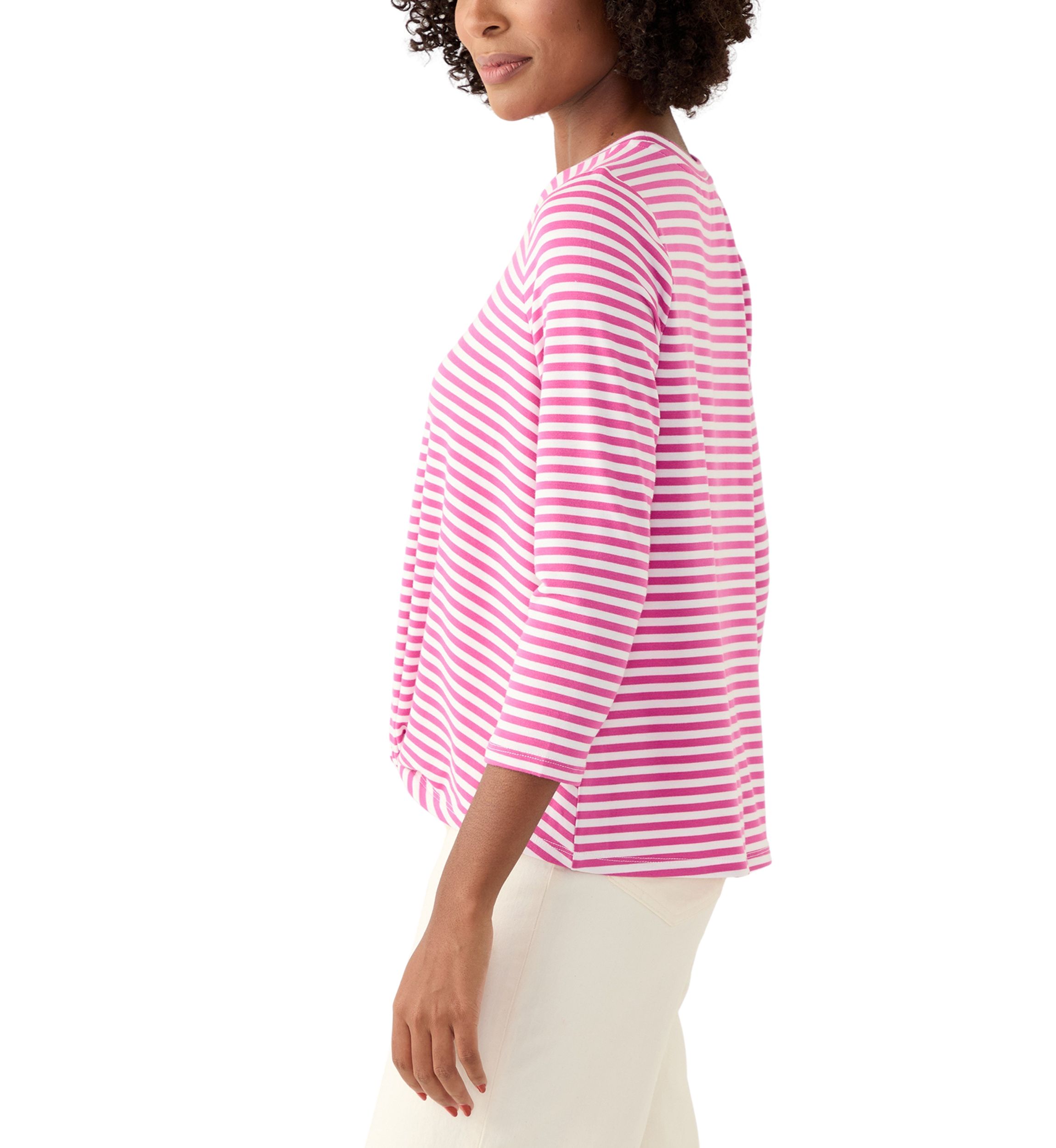 Womens 3/4 Sleeve Knot Front Stripe T-Shirt