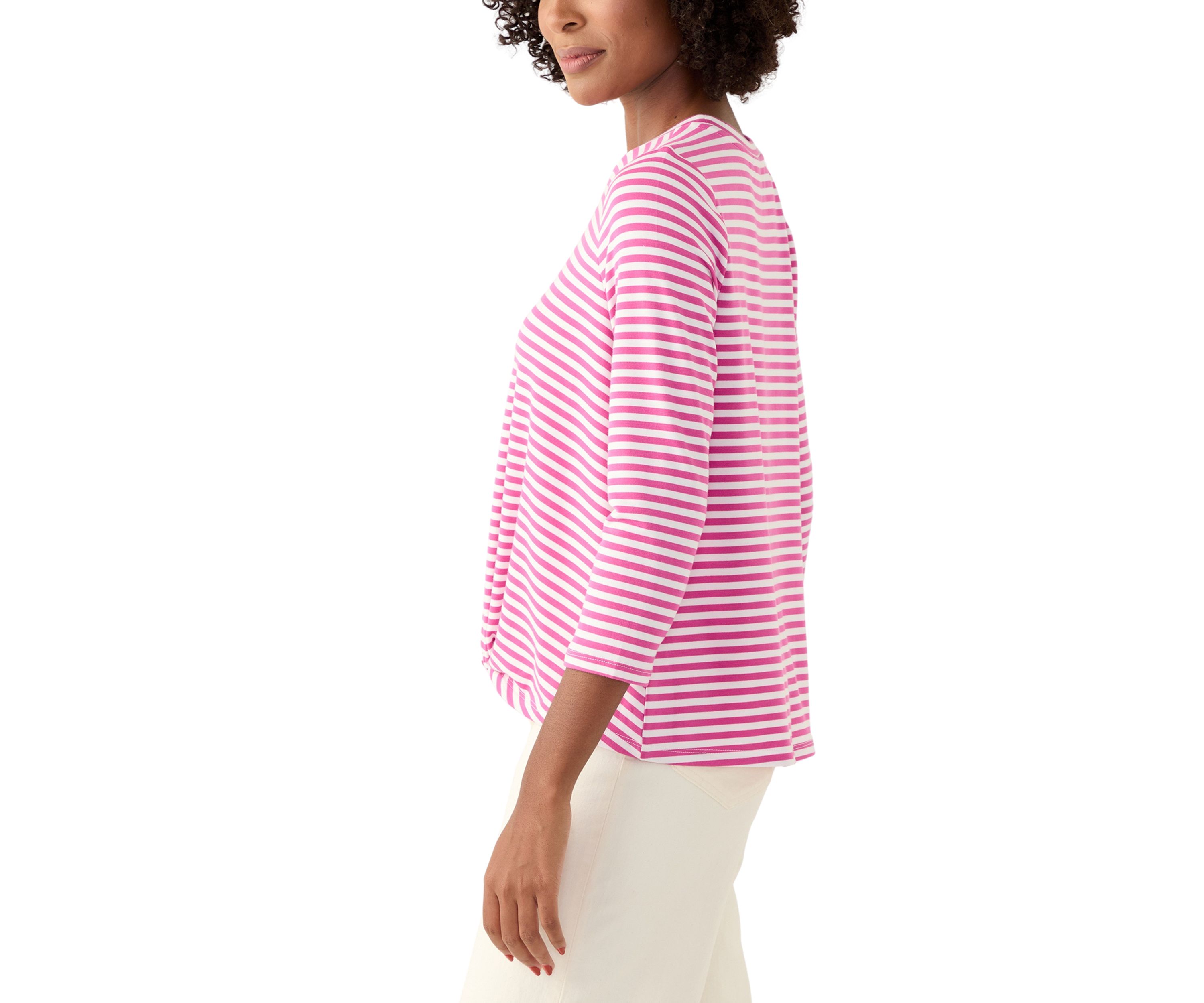 Womens 3/4 Sleeve Knot Front Stripe T-Shirt