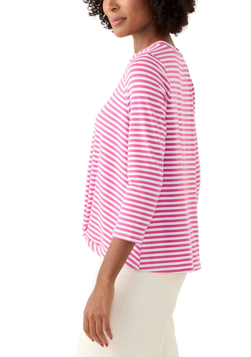 Womens 3/4 Sleeve Knot Front Stripe T-Shirt