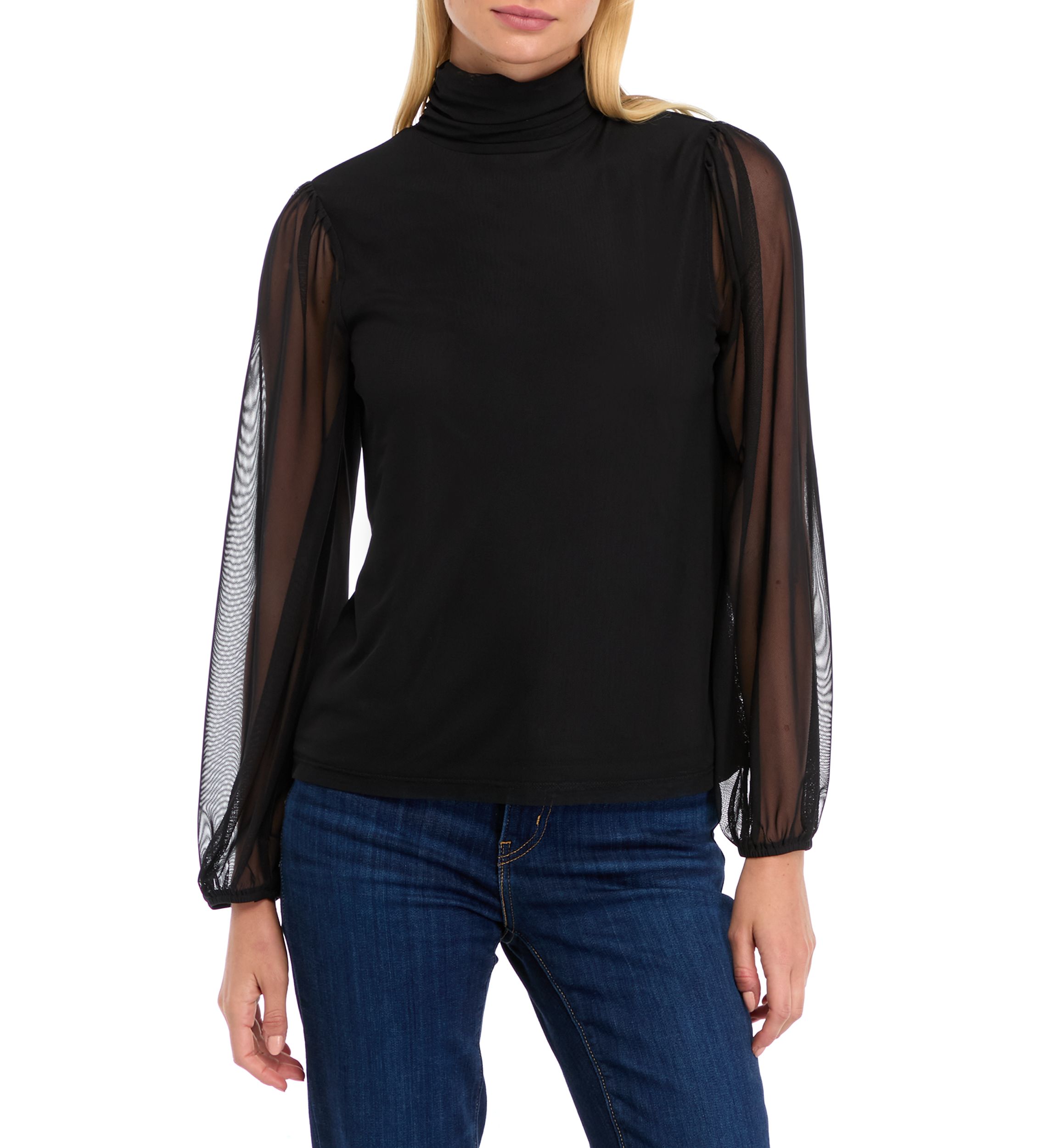 Womens Mesh Blouson Sleeve Mock Neck Top