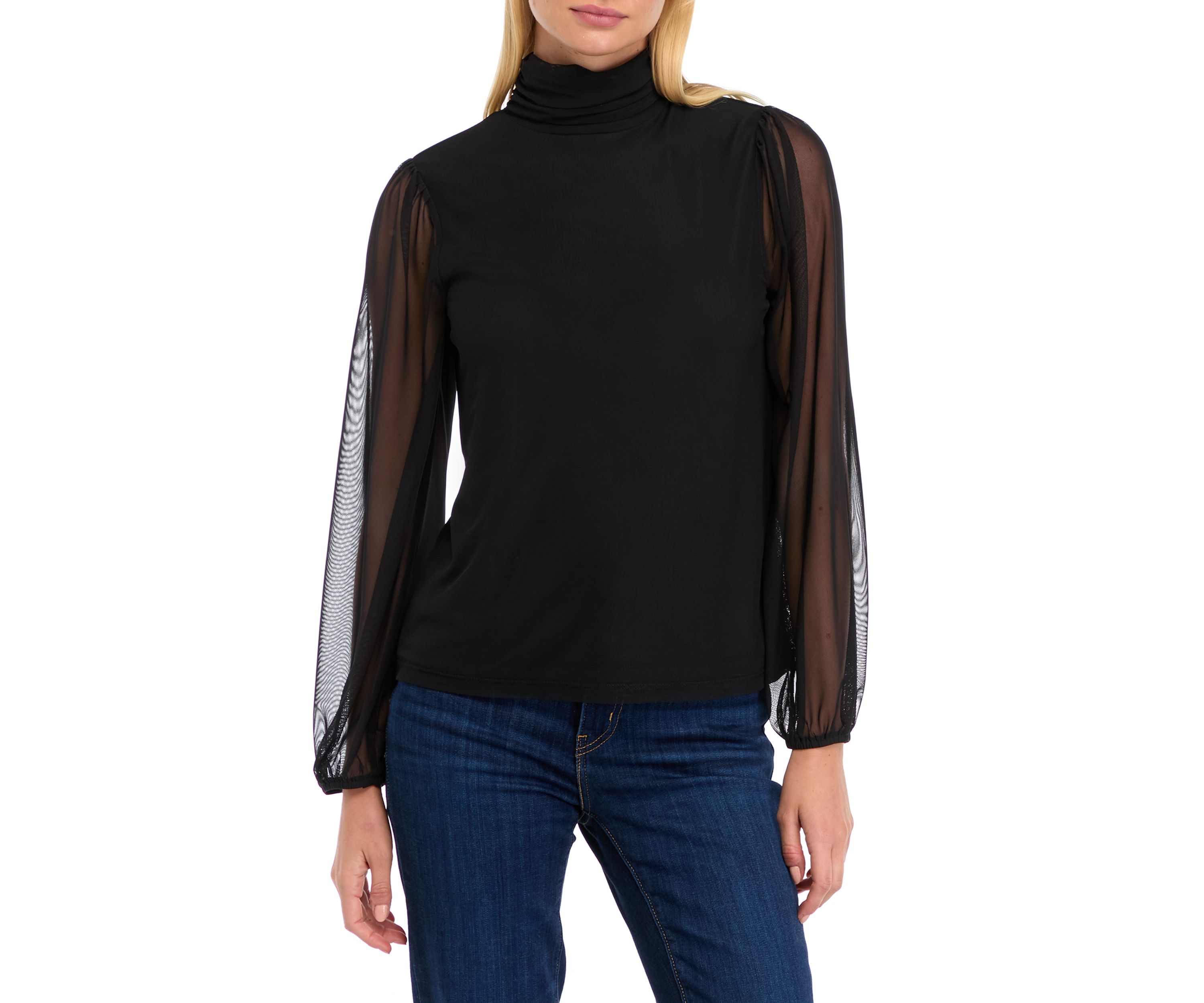 Womens Mesh Blouson Sleeve Mock Neck Top