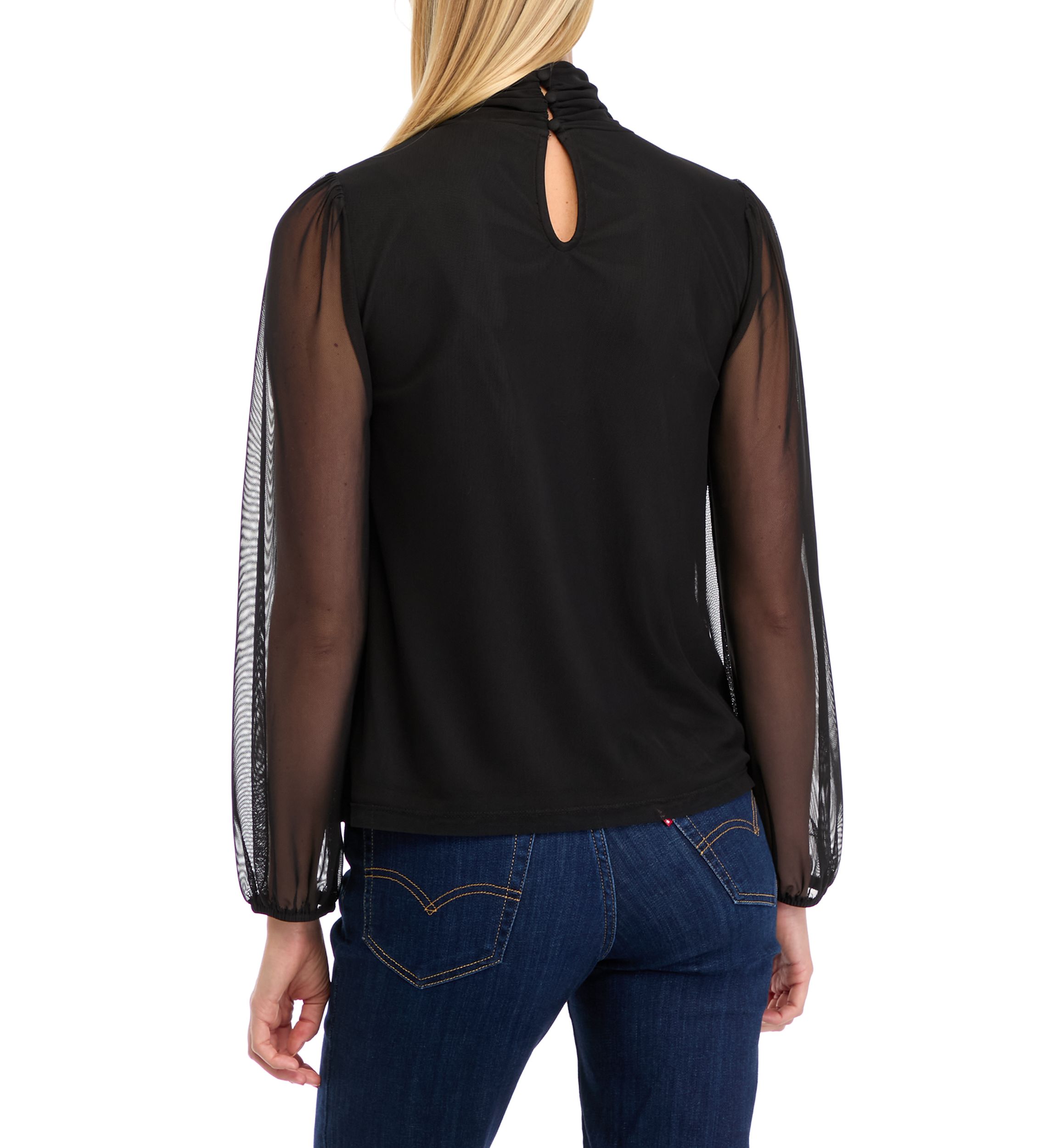 Womens Mesh Blouson Sleeve Mock Neck Top