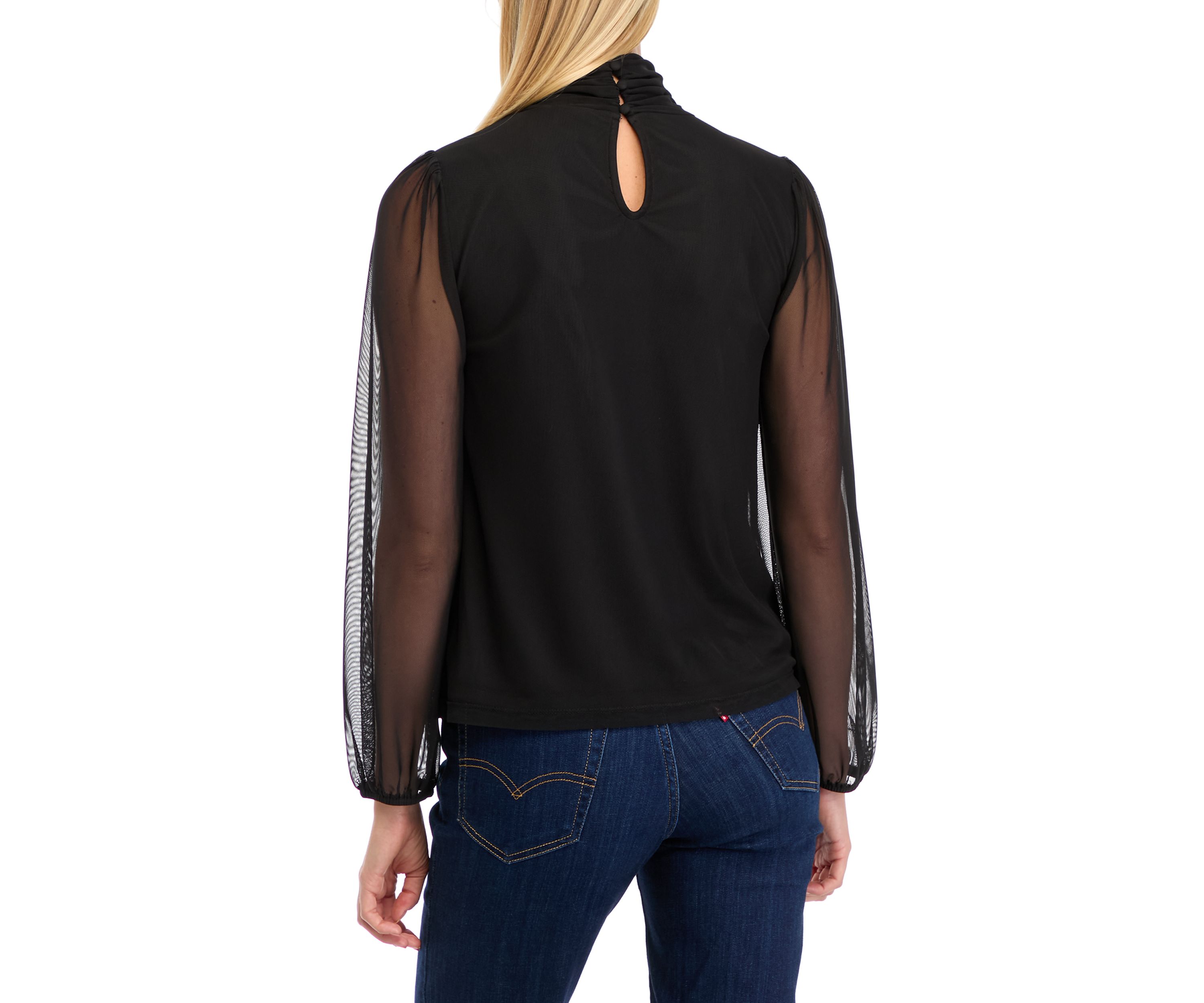 Womens Mesh Blouson Sleeve Mock Neck Top