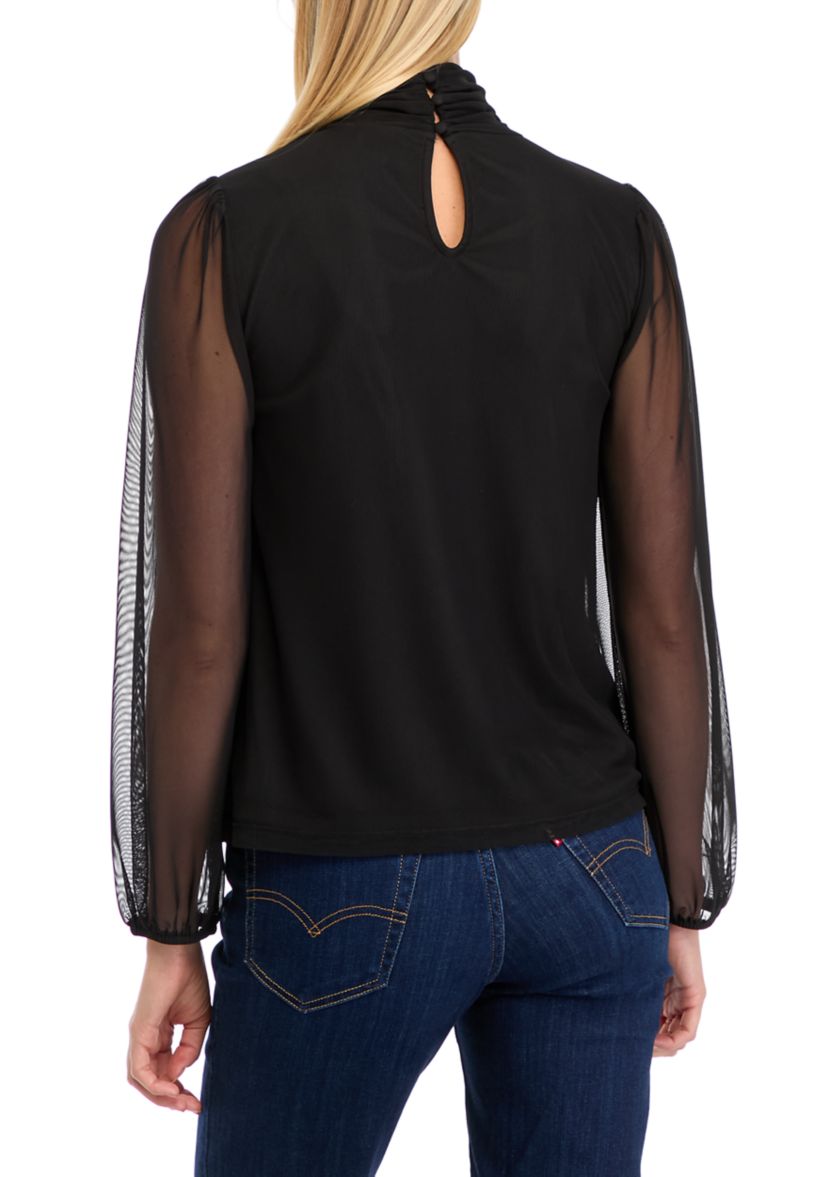 Womens Mesh Blouson Sleeve Mock Neck Top