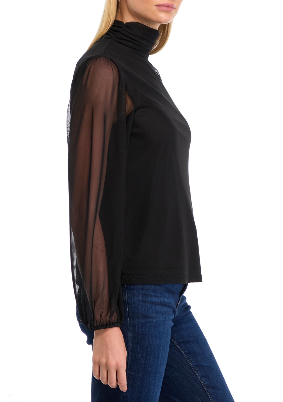 Womens Mesh Blouson Sleeve Mock Neck Top