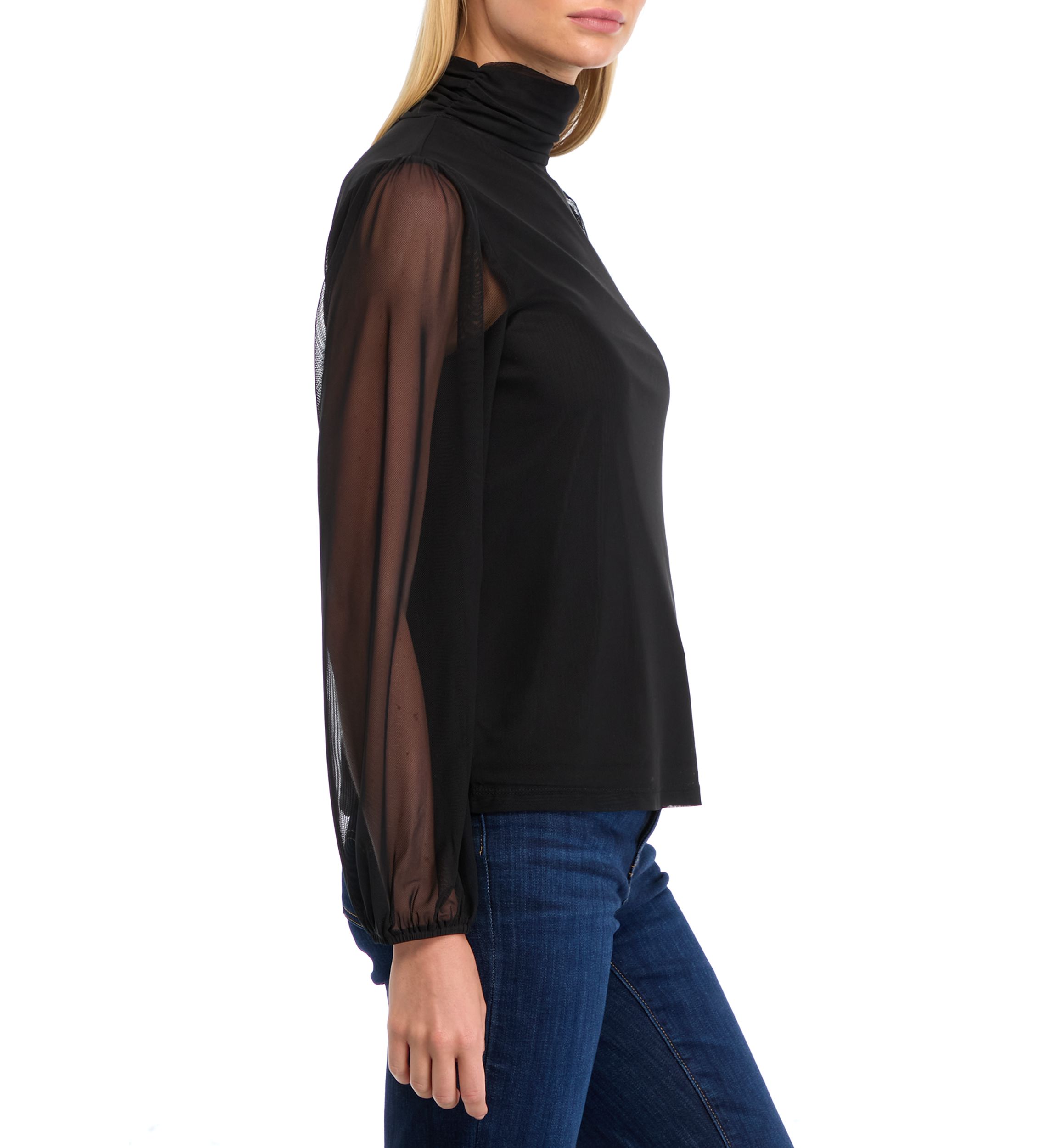 Womens Mesh Blouson Sleeve Mock Neck Top