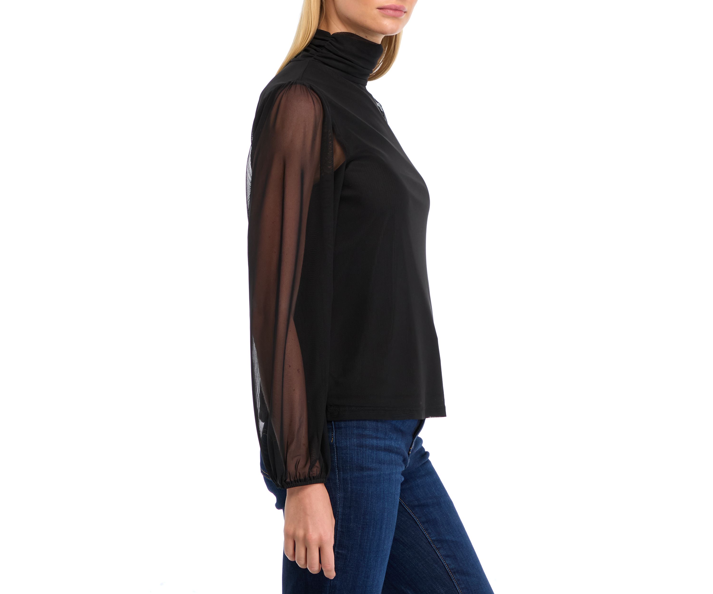 Womens Mesh Blouson Sleeve Mock Neck Top