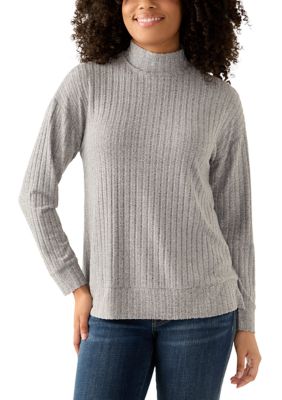 Wonderly Women's Long Sleeve Ribbed Knit Mock Neck T-Shirt, Grey, Small