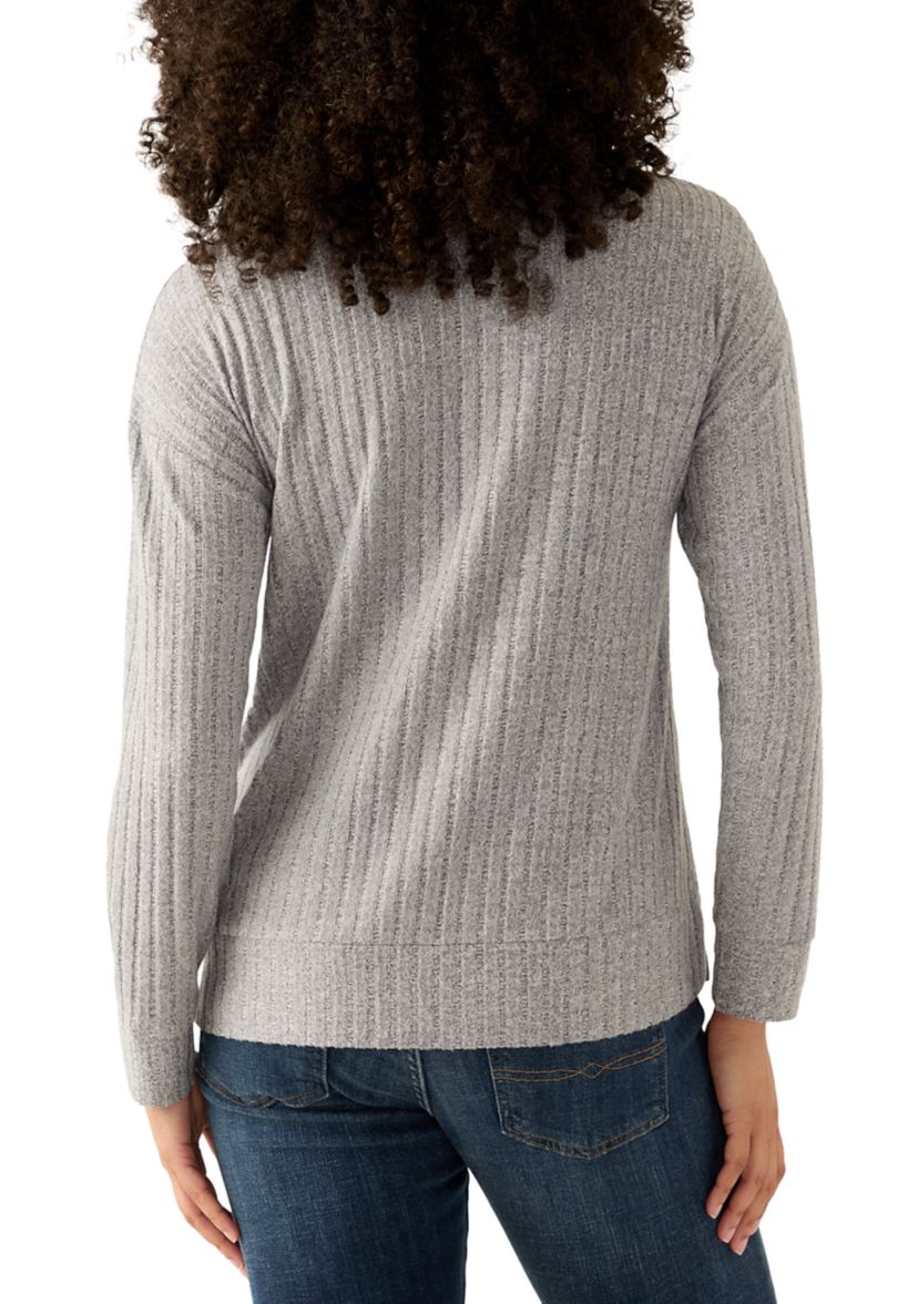 Womens Long Sleeve Ribbed Knit Mock Neck T-Shirt