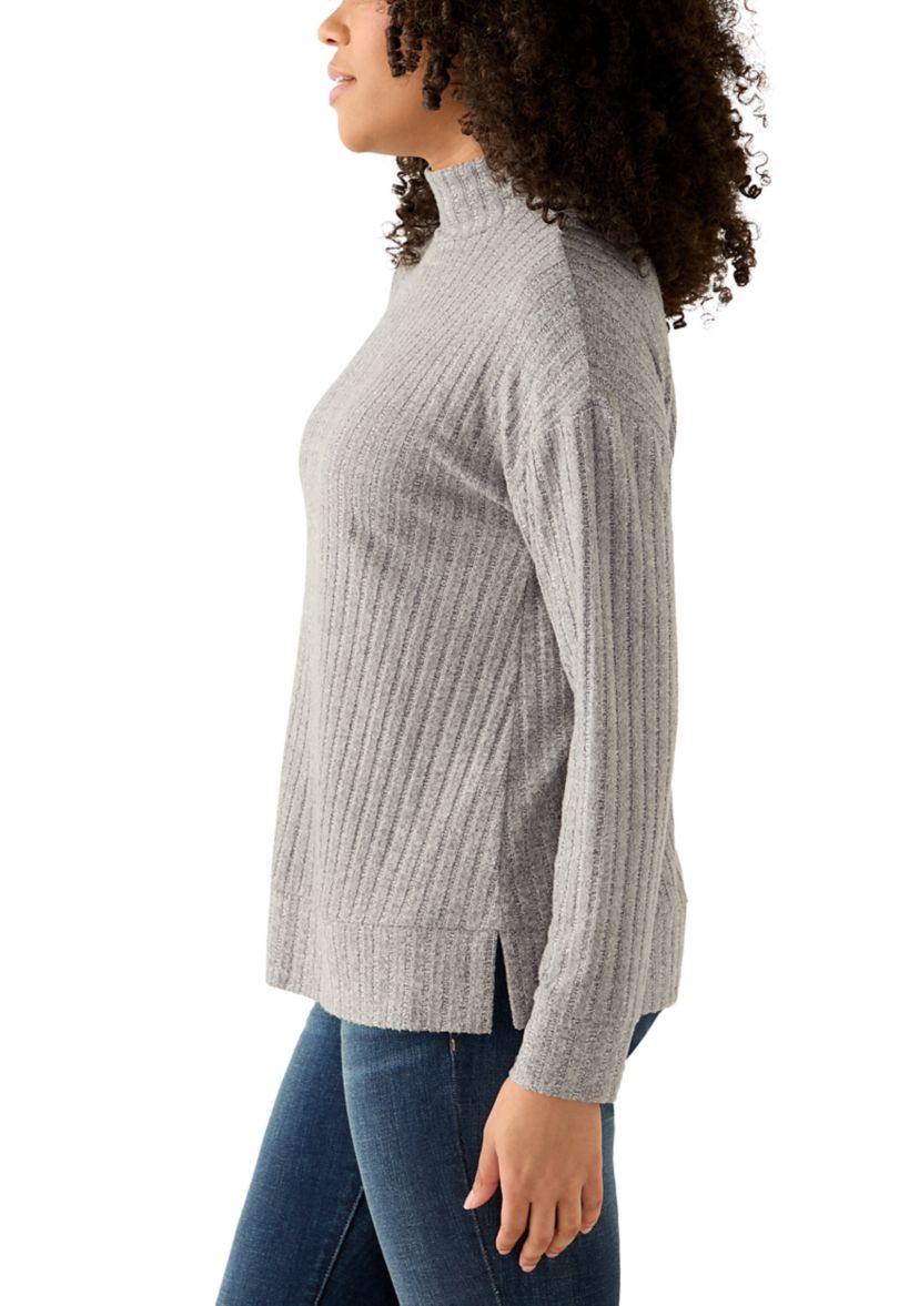 Womens Long Sleeve Ribbed Knit Mock Neck T-Shirt
