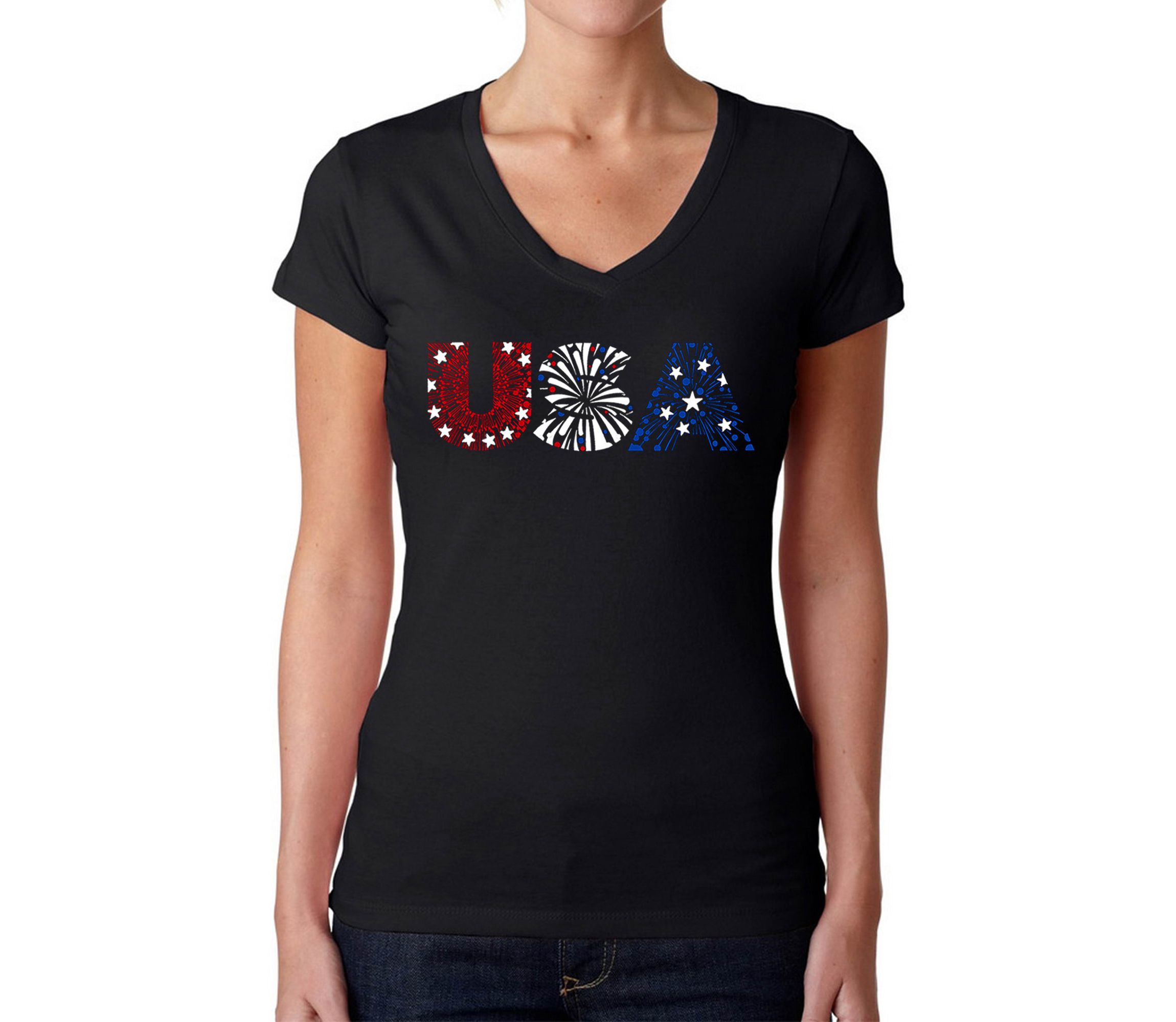 USA Fireworks - Womens Word Art V-Neck T-Shirt