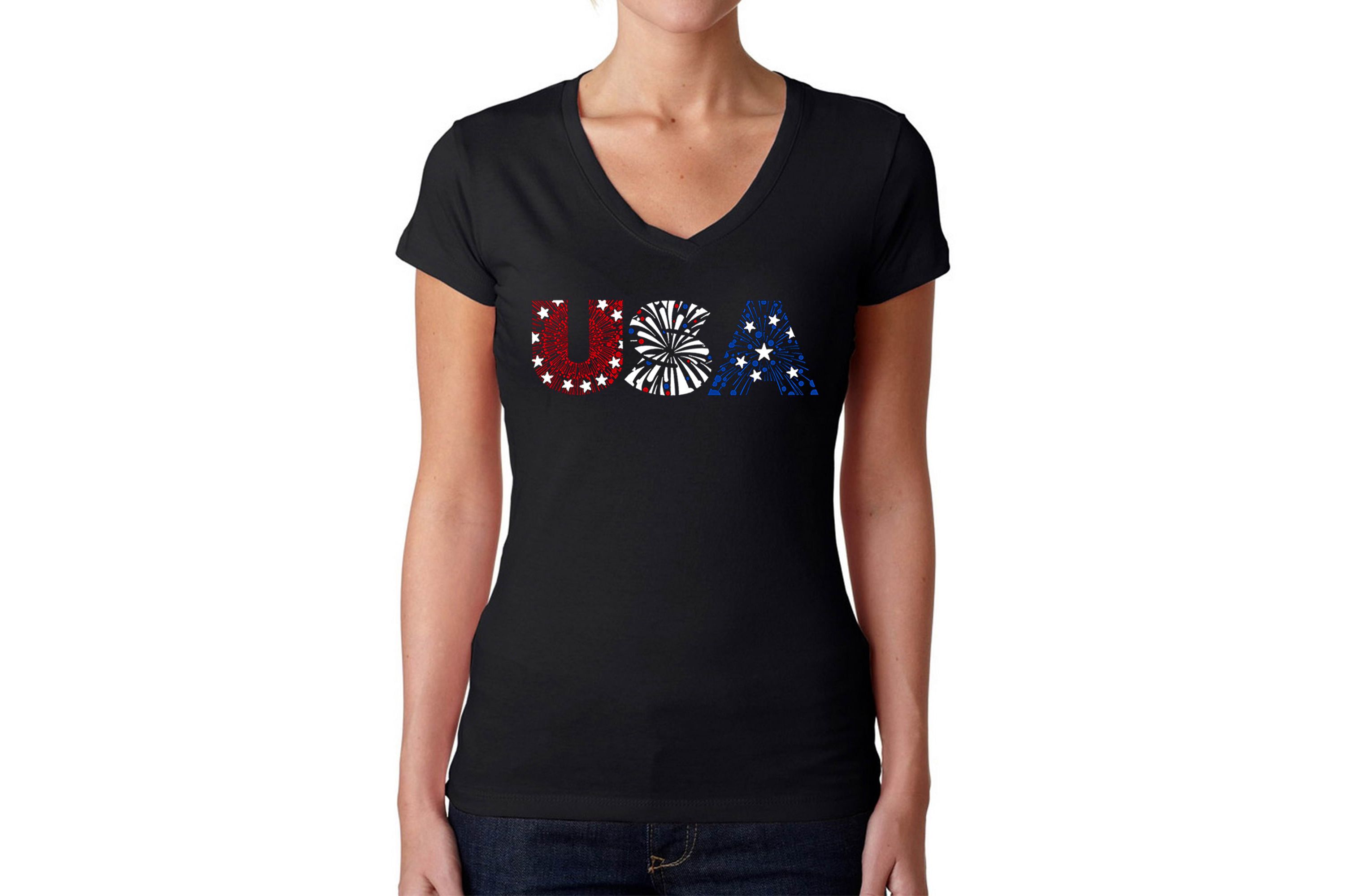 USA Fireworks - Womens Word Art V-Neck T-Shirt