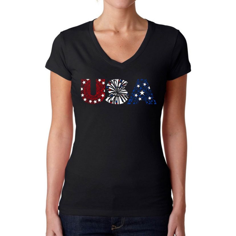 USA Fireworks - Womens Word Art V-Neck T-Shirt