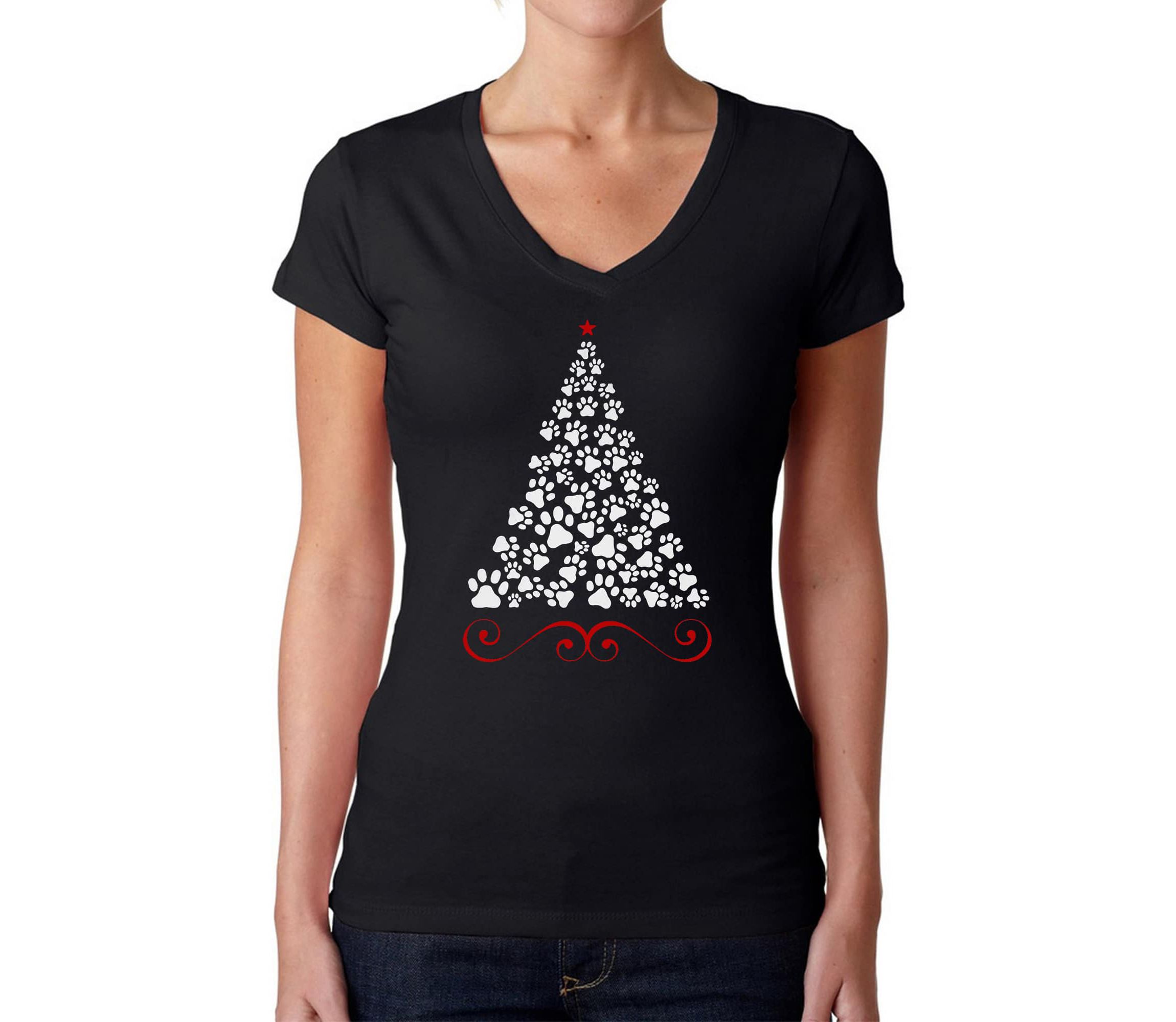 Paw Christmas Tree - Womens Word Art V-Neck T-Shirt