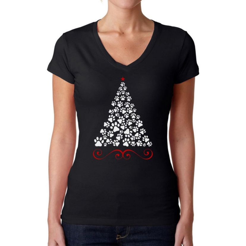 Paw Christmas Tree - Womens Word Art V-Neck T-Shirt