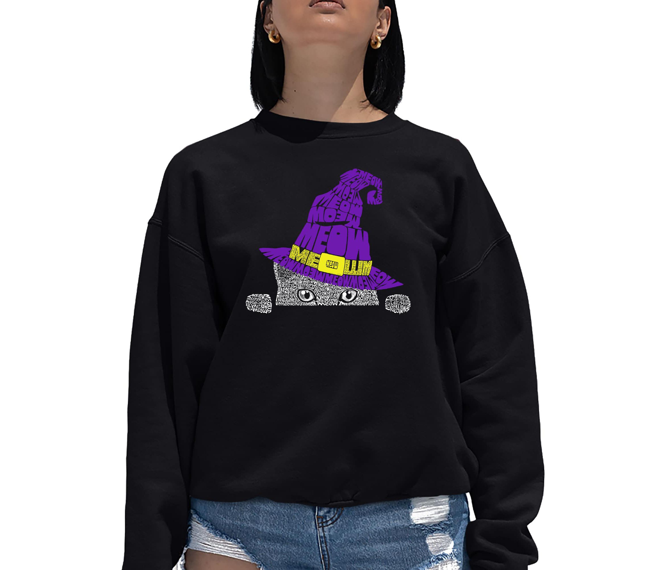 Peeking Witch Cat - Womens Word Art Crewneck Sweatshirt