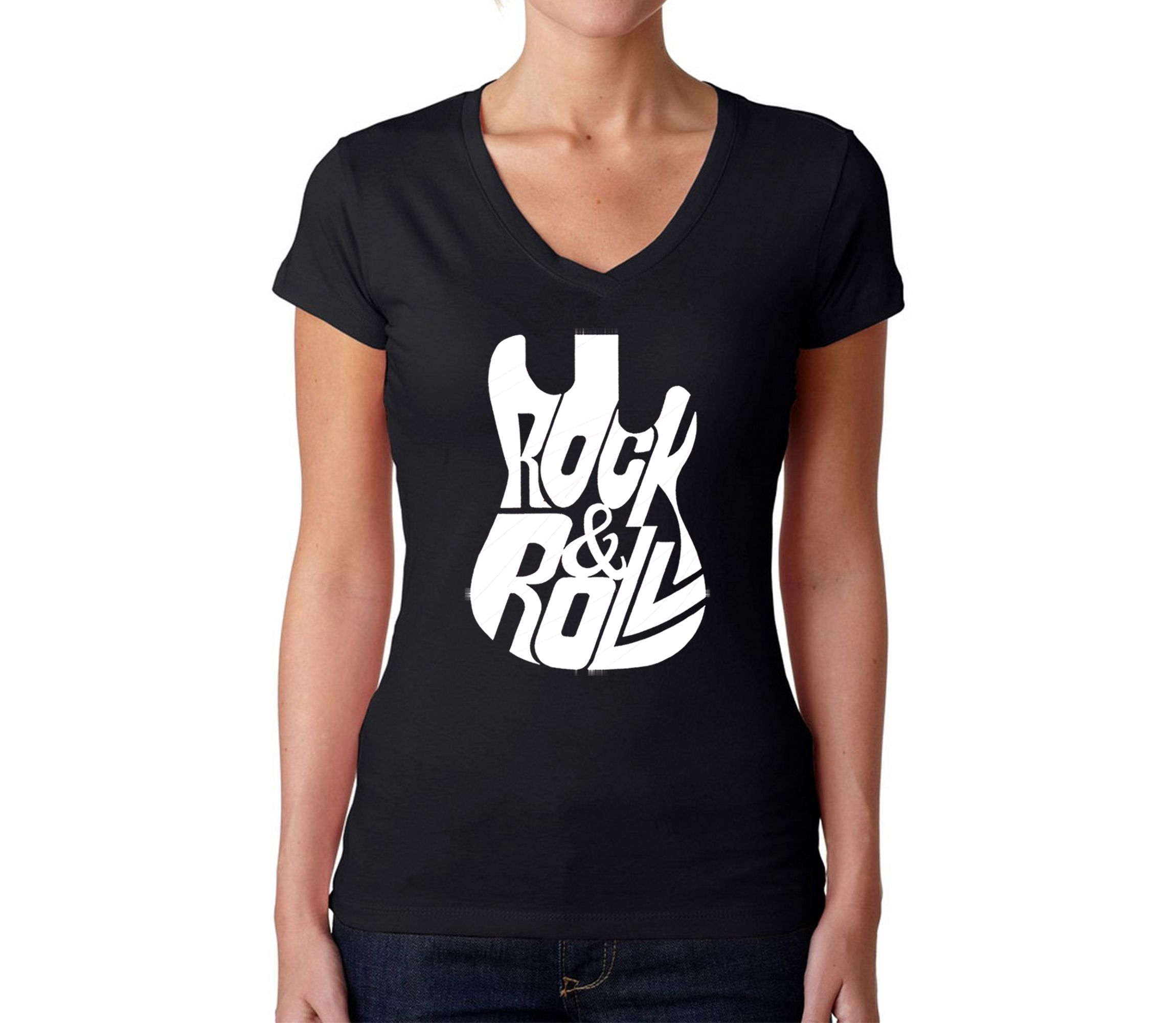 Rock And Roll Guitar - Womens Word Art V-Neck T-Shirt