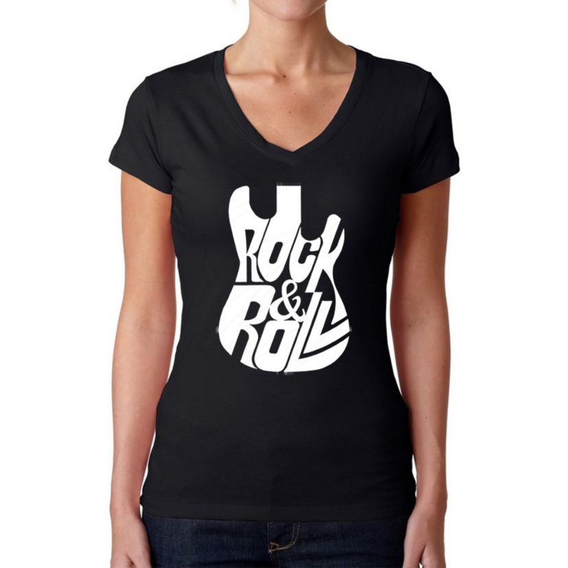 Rock And Roll Guitar - Womens Word Art V-Neck T-Shirt