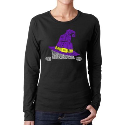 LA Pop Art Peeking Witch Cat - Women's Word Art Long Sleeve T-Shirt, Black, 3XL