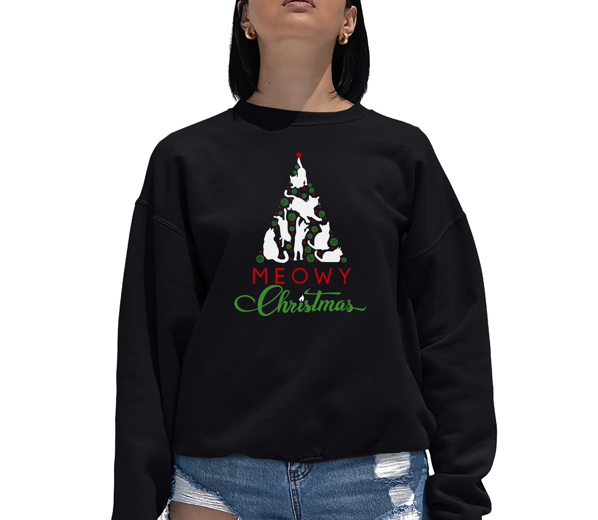 Meowy Christmas Tree - Womens Word Art Crewneck Sweatshirt