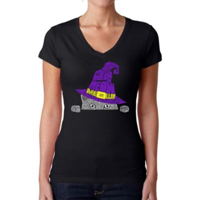 LA Pop Art Peeking Witch Cat - Women's Word Art V-Neck T-Shirt, Black, 2XL