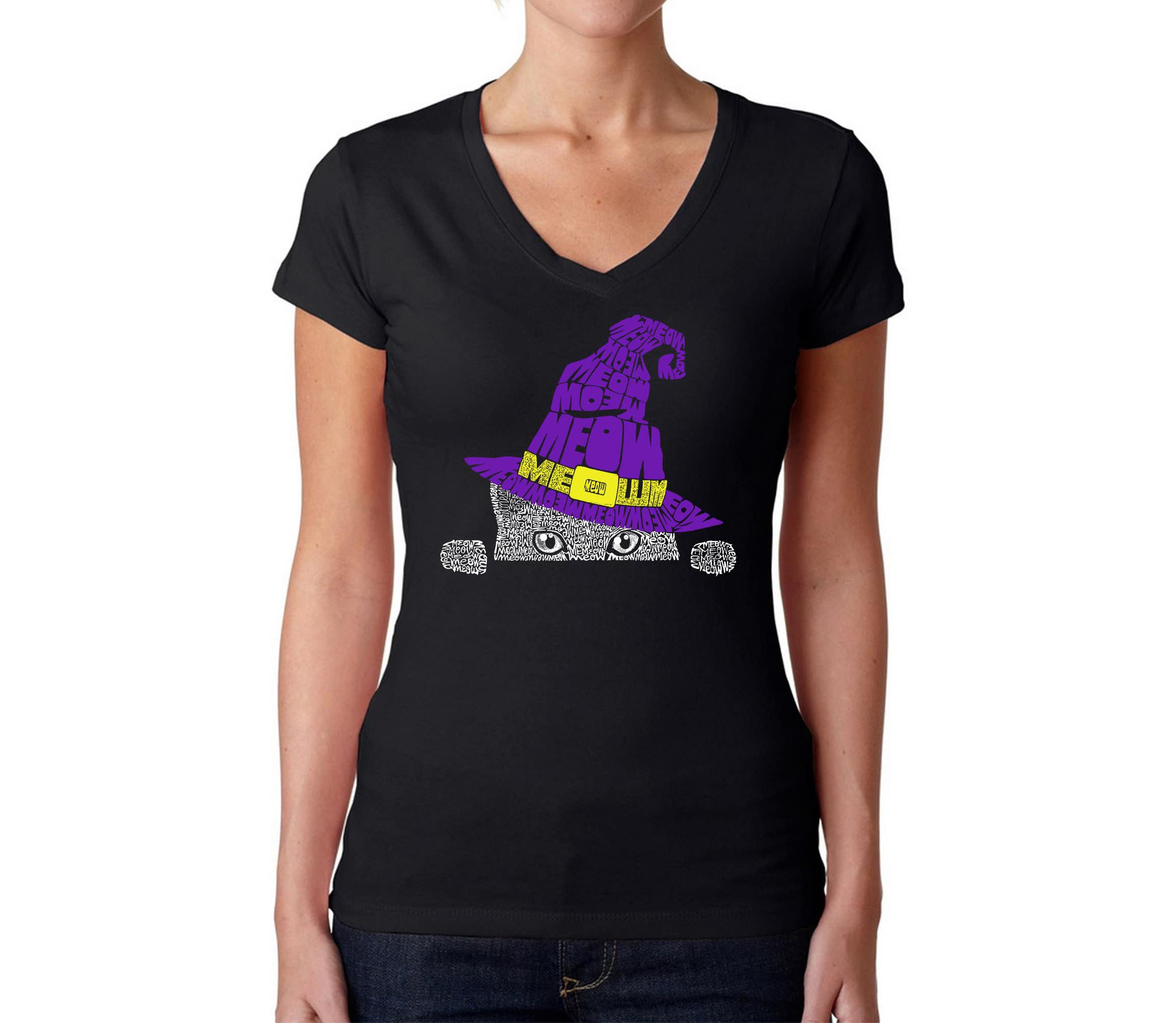 Peeking Witch Cat - Womens Word Art V-Neck T-Shirt