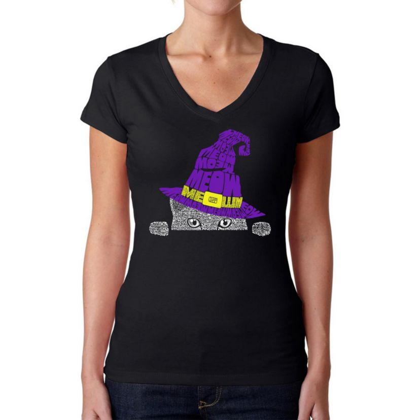 Peeking Witch Cat - Womens Word Art V-Neck T-Shirt
